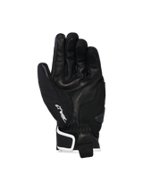Alpinestars Moblast Waterproof Gloves, Black with Off-White trim, palm side view showing goat leather construction, white Drystar logo on the thumb, and palm slider reinforcement, short-cuff urban motorcycle gear