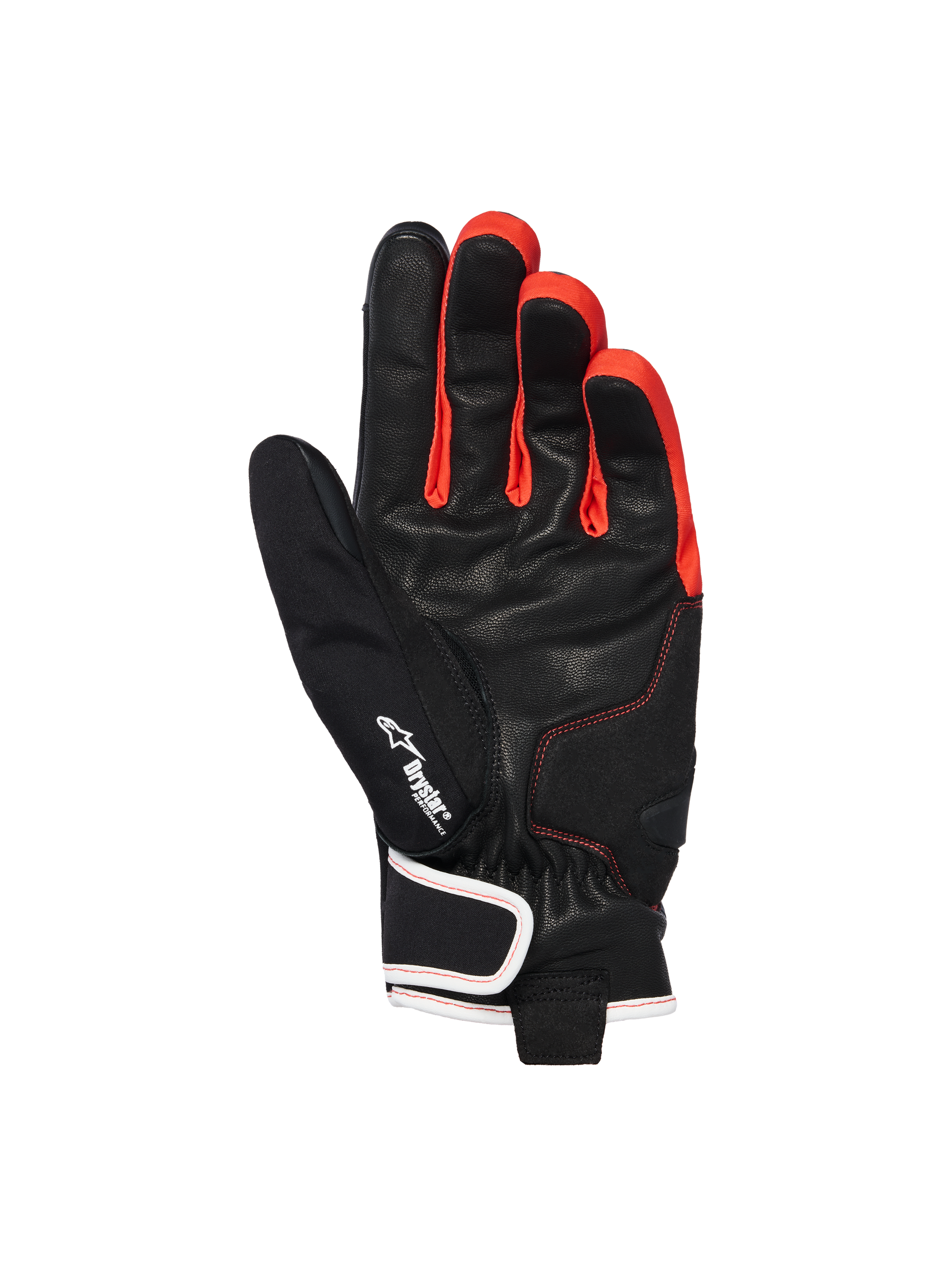 Alpinestars Moblast Waterproof Gloves, Black Anthracite Orange, palm view showing goat leather construction, featuring Drystar logo, vibrant orange accents between fingers, and short-cuff design with white-trimmed wrist closure