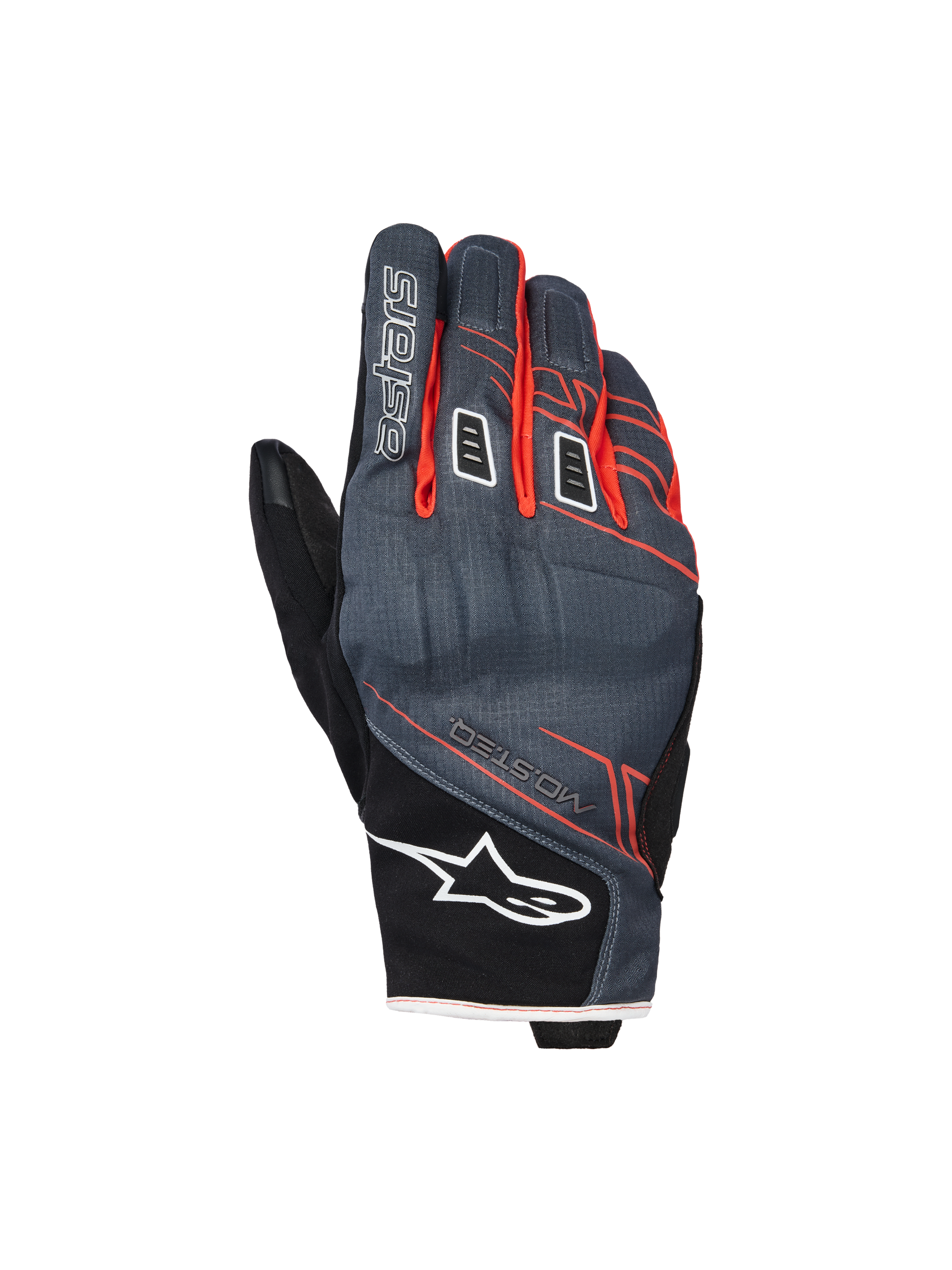 Alpinestars Moblast Waterproof Gloves, Motorcycle Gloves, Anthracite and Black with Orange accents, short-cuff design with red-orange linear graphics, white Alpinestars star logo on the cuff and 'astars' branding on the finger, technical textile backhand for all-weather protection
