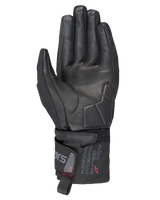 Alpinestars WT-3 Drystar® Insulated Gloves, Black motorcycle gloves, palm view showing leather reinforcement and padded palm, mid-length cuff with Alpinestars Exploration Equipment branding, touchscreen compatible fingertips, durable all-weather touring protection.