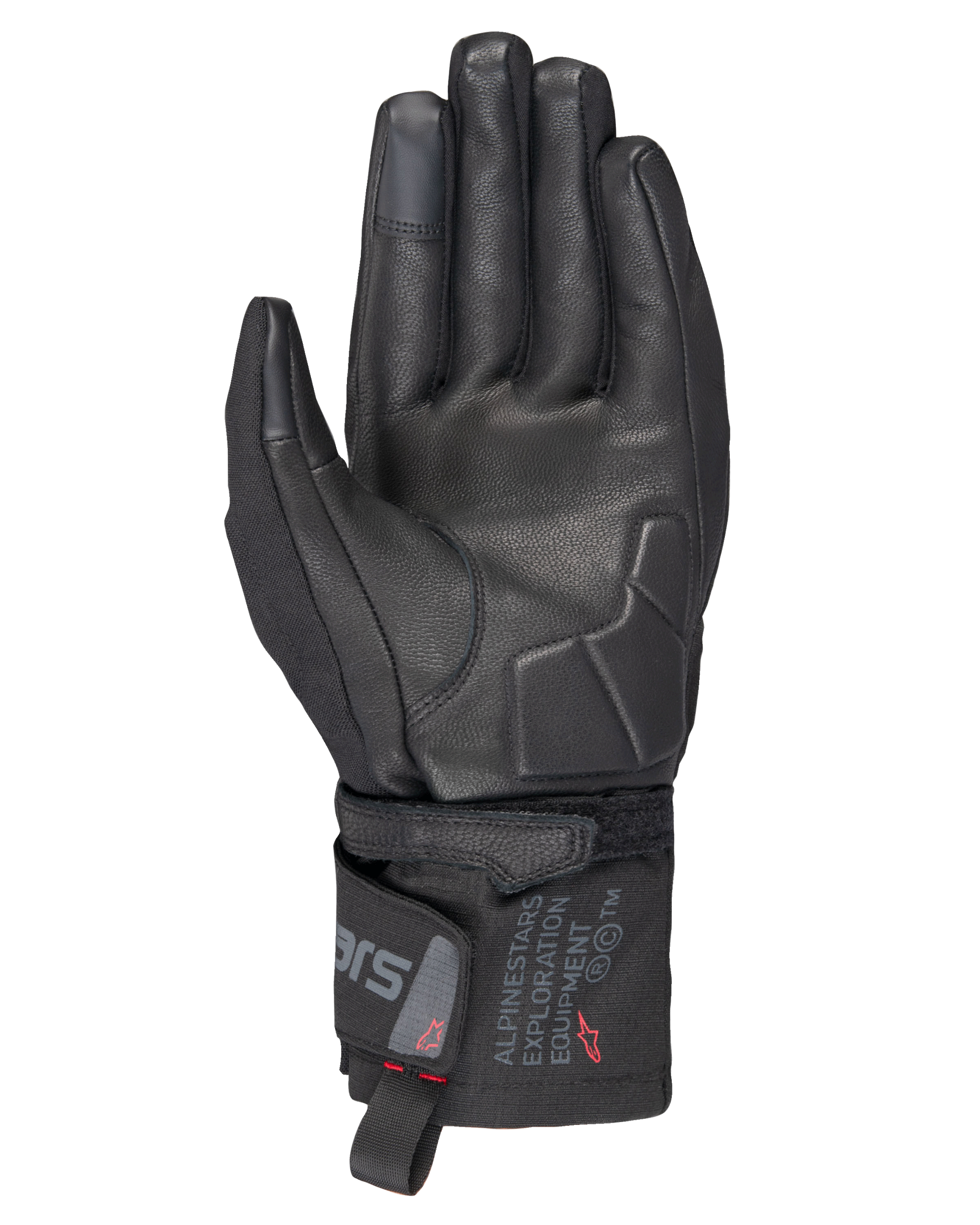 Alpinestars WT-3 Drystar® Insulated Gloves, Black motorcycle gloves, palm view showing leather reinforcement and padded palm, mid-length cuff with Alpinestars Exploration Equipment branding, touchscreen compatible fingertips, durable all-weather touring protection.