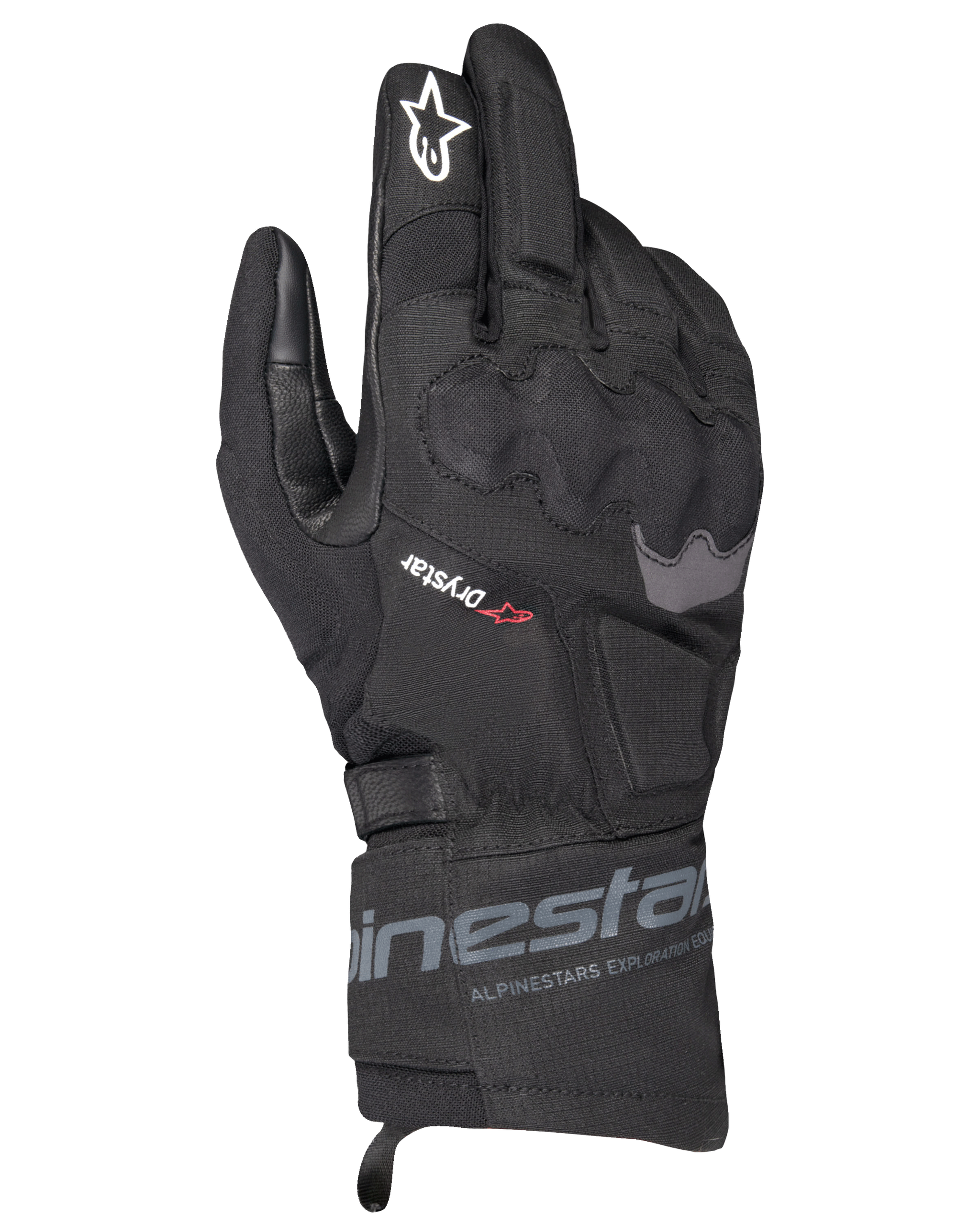 Alpinestars WT-3 Drystar Insulated Gloves, Black Motorcycle Touring Gloves, waterproof and insulated construction with molded knuckle protection, white star logo on the index finger, and mid-length cuff with Alpinestars branding.