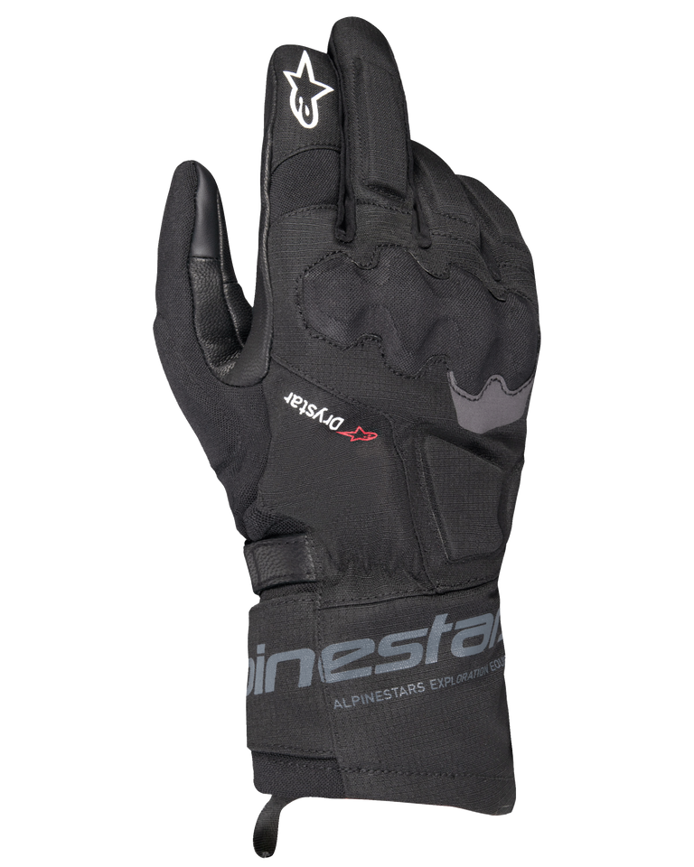 Alpinestars WT-3 Drystar Insulated Gloves, Black Motorcycle Touring Gloves, waterproof and insulated construction with molded knuckle protection, white star logo on the index finger, and mid-length cuff with Alpinestars branding.