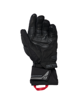 Alpinestars WT-8 GORE-TEX Insulated Gloves, Motorcycle Gloves, Black, inner palm view showing reinforced leather patches and padded sliders, long cuff with a red pull loop and Alpinestars Exploration Equipment branding with geographic coordinates, technical road and adventure design