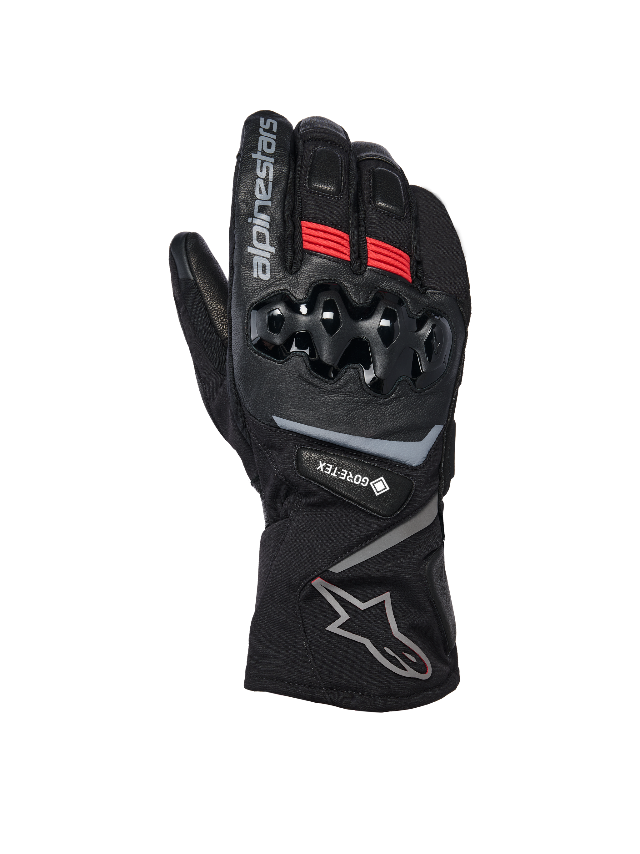 Alpinestars WT-8 GORE-TEX Insulated Gloves, Motorcycle Winter Gloves, Black with red accents and silver logos, featuring hard TPU knuckle protection, long cuff, and GORE-TEX waterproofing for cold weather riding