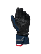 Alpinestars WT-8 GORE-TEX Insulated Gloves, Black and Dark Blue, palm view showing leather reinforcements and padded slider, long-cuff design with double wrist closure and red pull loop, featuring coordinates detailing and exploration equipment branding.