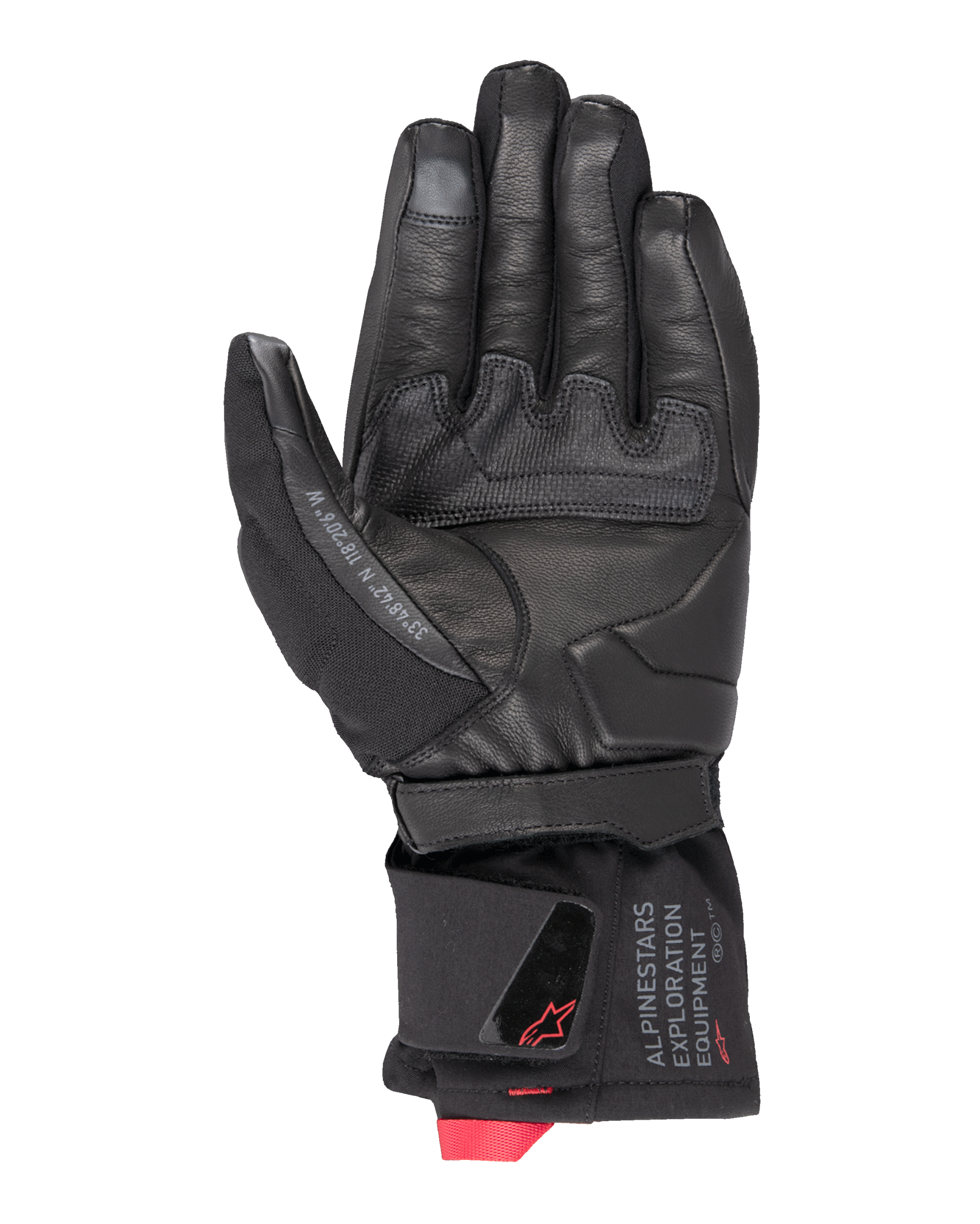 Alpinestars WT-4 GORE-TEX Insulated Glove, Motorcycle Glove, Black, palm view featuring leather construction with a rubber grip patch, mid-length cuff with Alpinestars Exploration Equipment branding and red logo accents