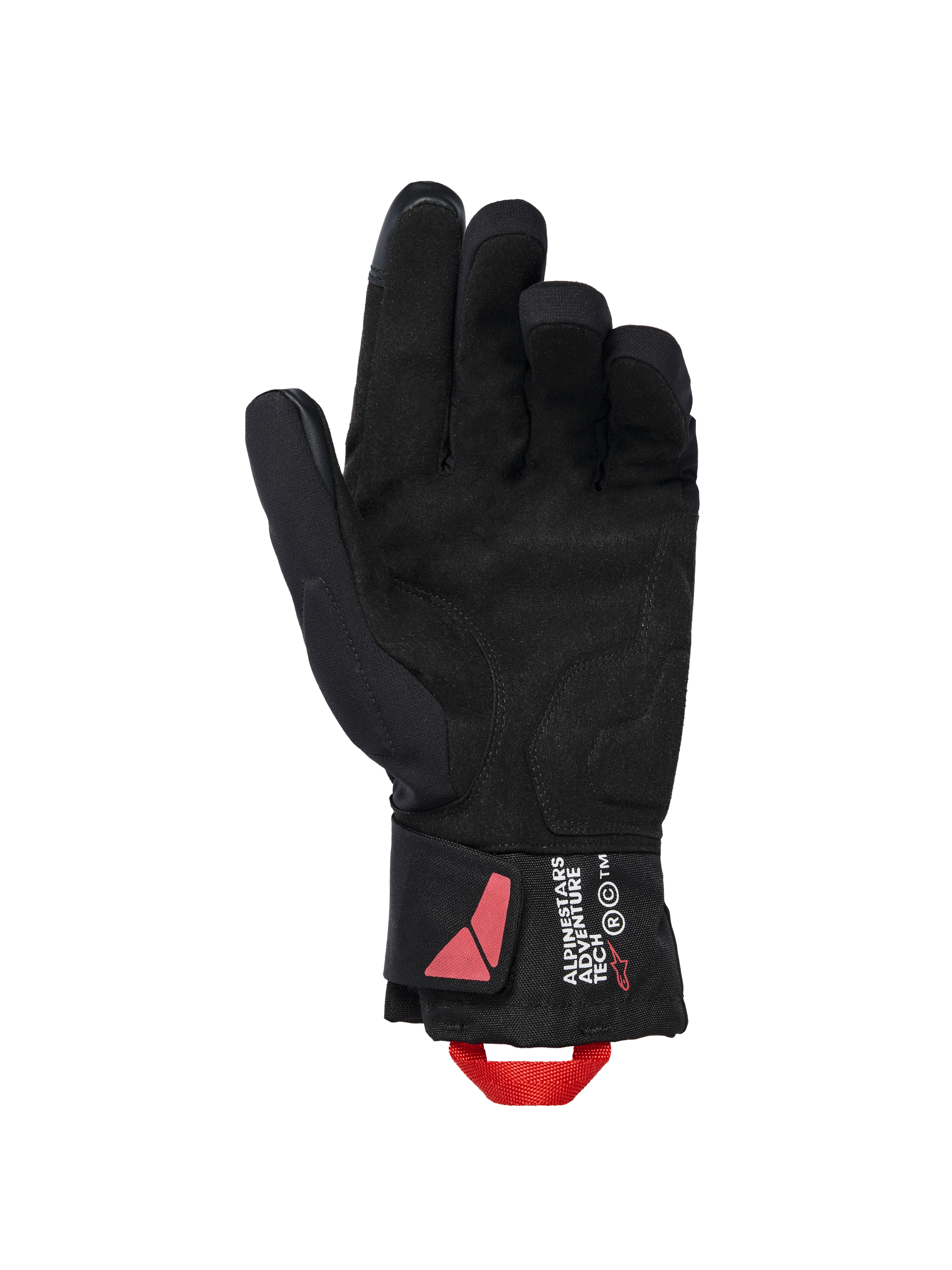 Alpinestars XT-3 Drystar® Insulated Gloves, Black Motorcycle Gloves, palm side view featuring suede material and red pull loop, Alpinestars Adventure Tech branding on the cuff, waterproof winter riding gear