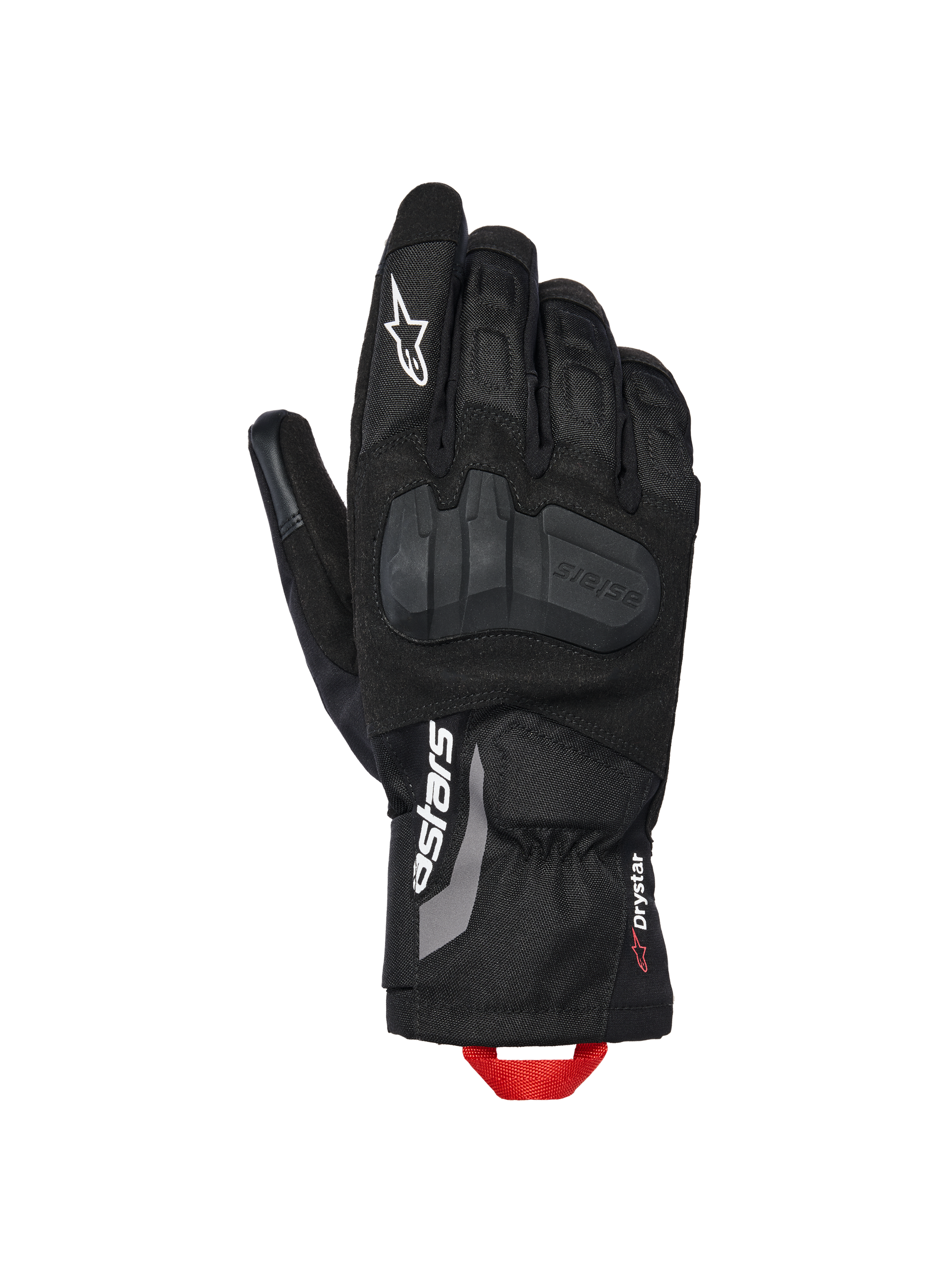 Alpinestars XT-3 Drystar® Insulated Gloves, Motorcycle Adventure Gloves, Black with white branding and red pull loop, featuring integrated knuckle protection, textile and suede construction, mid-length cuff.