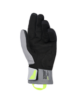 Alpinestars XT-3 Drystar® Insulated Gloves, Black and Dark Gray motorcycle gloves, palm view showing soft black suede and gray textile, fluorescent yellow pull tab and logo, 'ALPINESTARS ADVENTURE TECH' branding on the cuff, waterproof and insulated for adventure riding