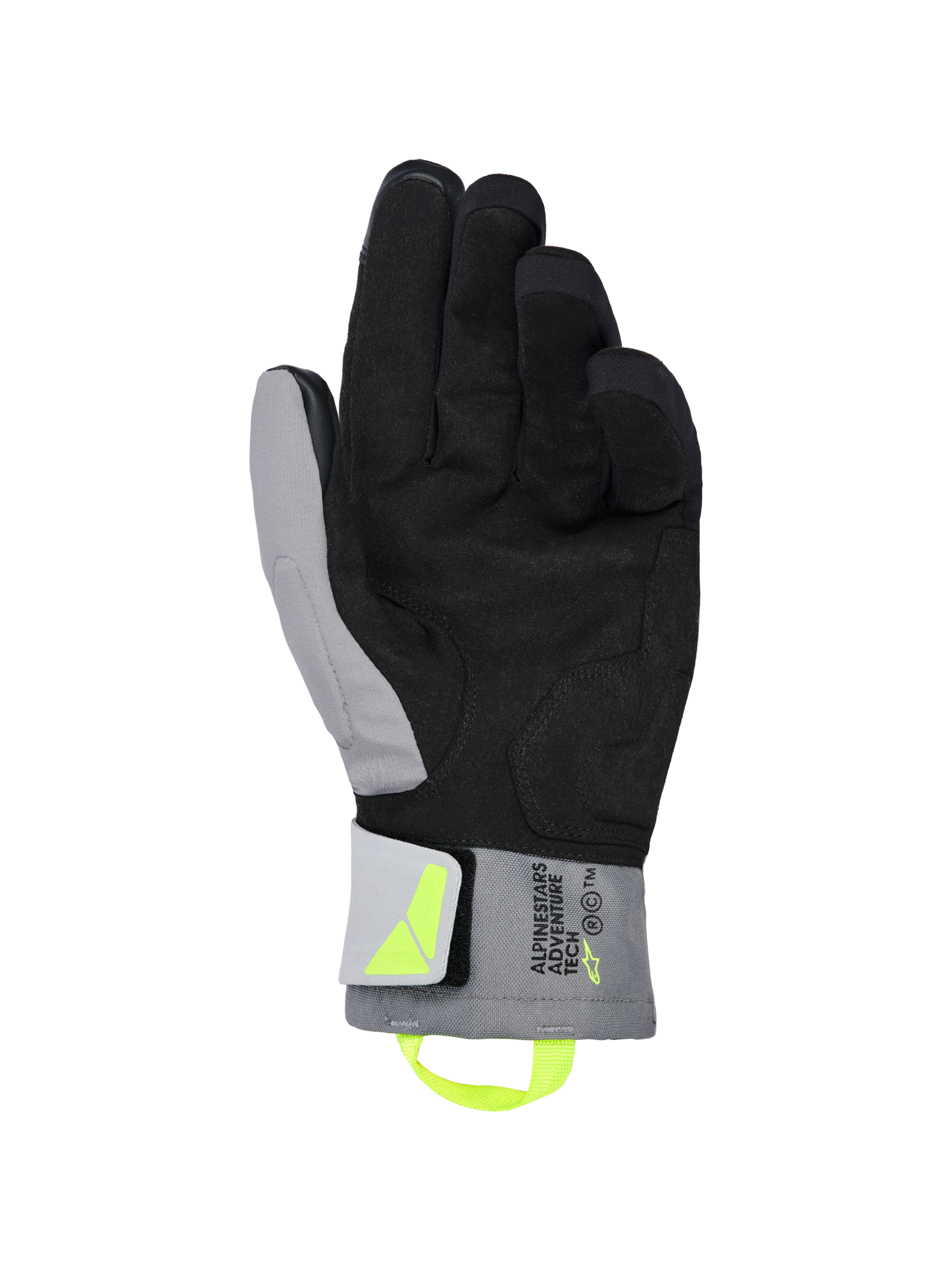 Alpinestars XT-3 Drystar® Insulated Gloves, Black and Dark Gray motorcycle gloves, palm view showing soft black suede and gray textile, fluorescent yellow pull tab and logo, 'ALPINESTARS ADVENTURE TECH' branding on the cuff, waterproof and insulated for adventure riding