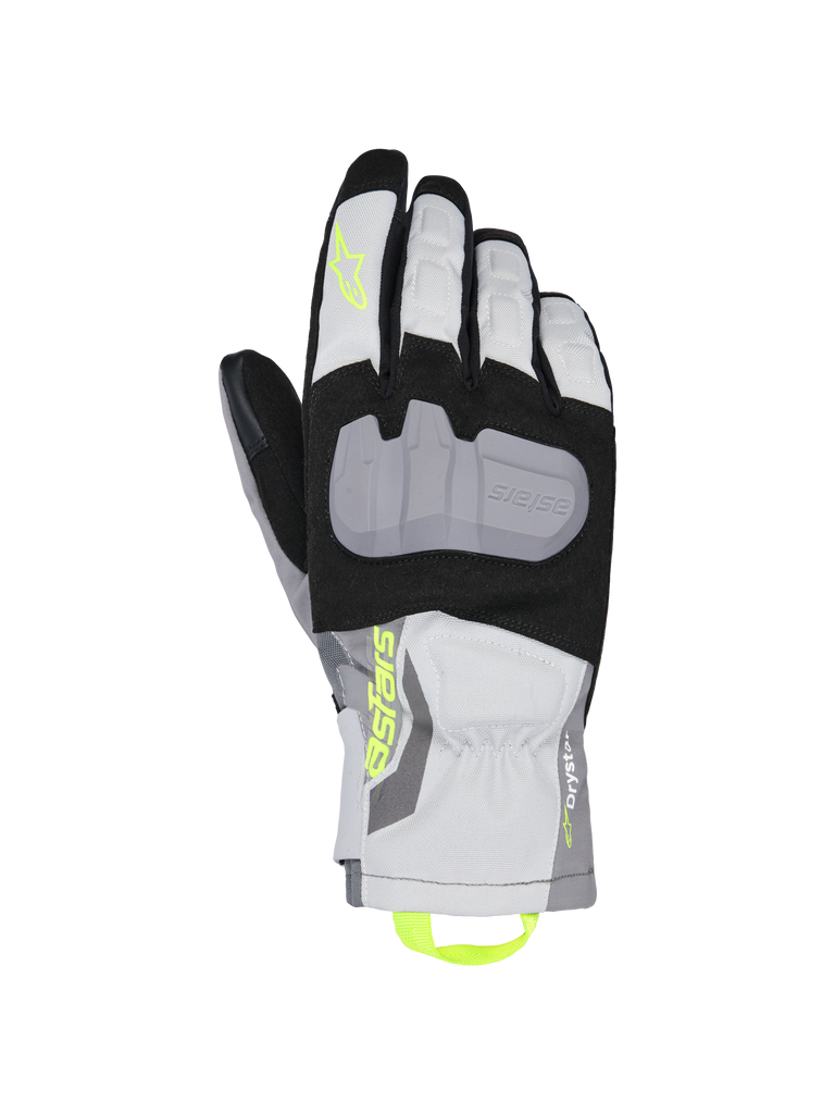 Alpinestars XT-3 Drystar Insulated Gloves, Motorcycle Touring Gloves, Black Gray and White, featuring a large gray protective knuckle plate, neon yellow Astars branding and pull loop, waterproof textile construction with mid-length cuff.