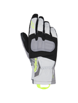 Alpinestars XT-3 Drystar Insulated Gloves, Motorcycle Touring Gloves, Black Gray and White, featuring a large gray protective knuckle plate, neon yellow Astars branding and pull loop, waterproof textile construction with mid-length cuff.