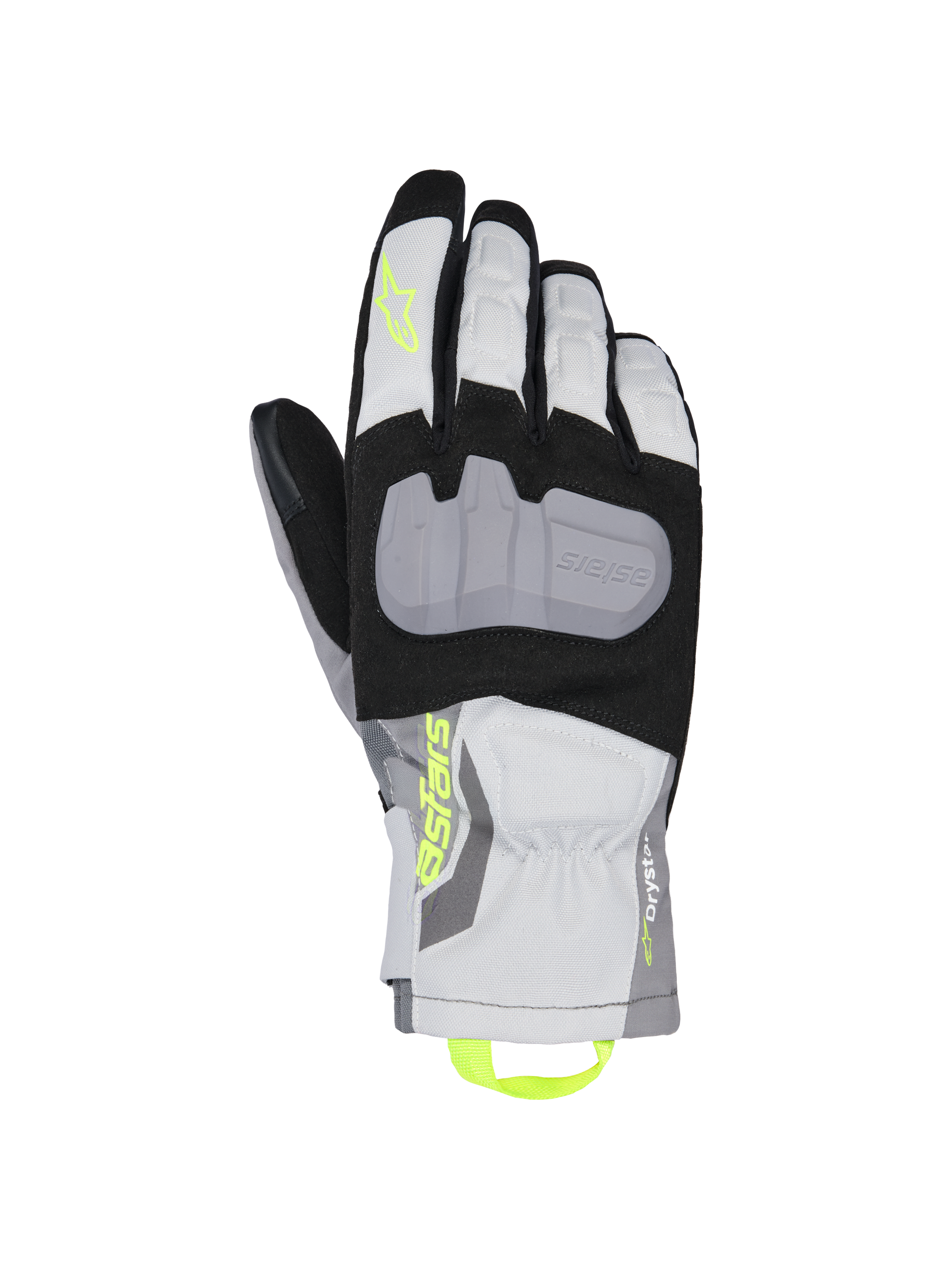 Alpinestars XT-3 Drystar Insulated Gloves, Motorcycle Touring Gloves, Black Gray and White, featuring a large gray protective knuckle plate, neon yellow Astars branding and pull loop, waterproof textile construction with mid-length cuff.
