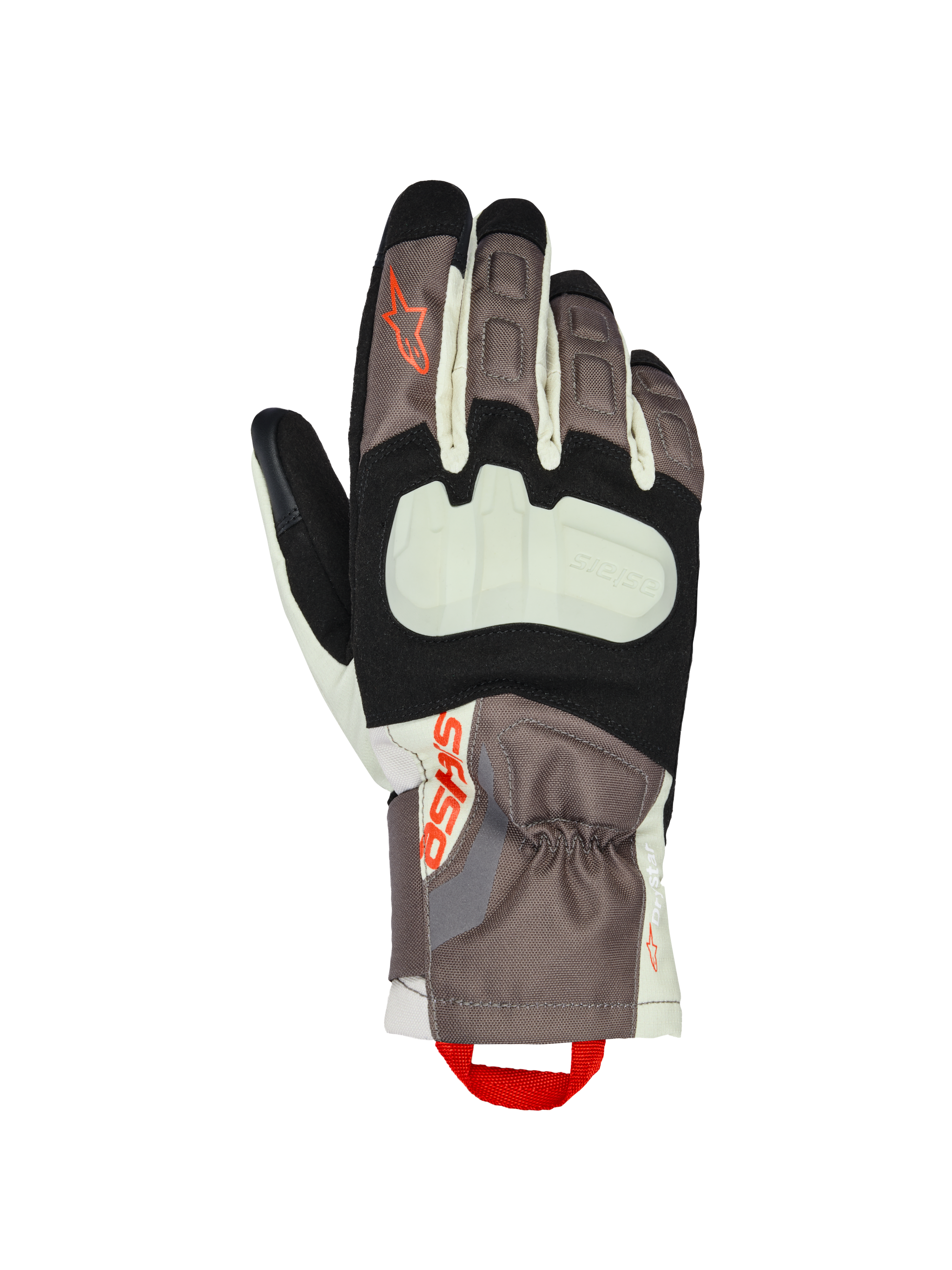 Alpinestars XT-3 Drystar® Insulated Gloves, Motorcycle Touring Gloves, Dark Brown, Sand and Black with Orange Accents, featuring an exposed knuckle protector, mid-length cuff, durable textile construction, and Alpinestars branding with a red finger pull loop.