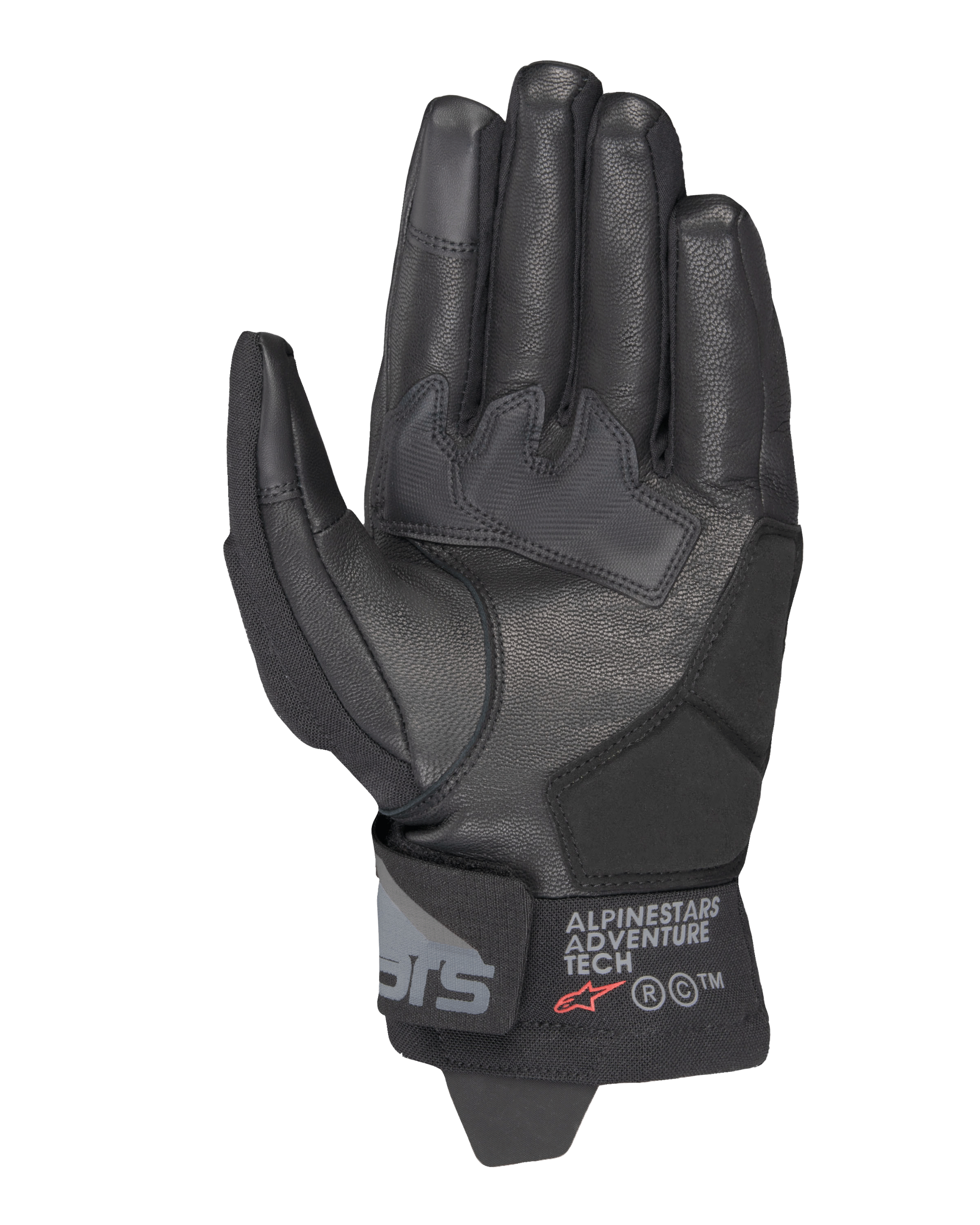Alpinestars Corozal V3 Drystar® Gloves, Black, Palm side view showing leather construction with reinforced patches, short cuff with Alpinestars Adventure Tech branding, touchscreen-compatible fingertips, durable all-weather adventure motorcycle gear.