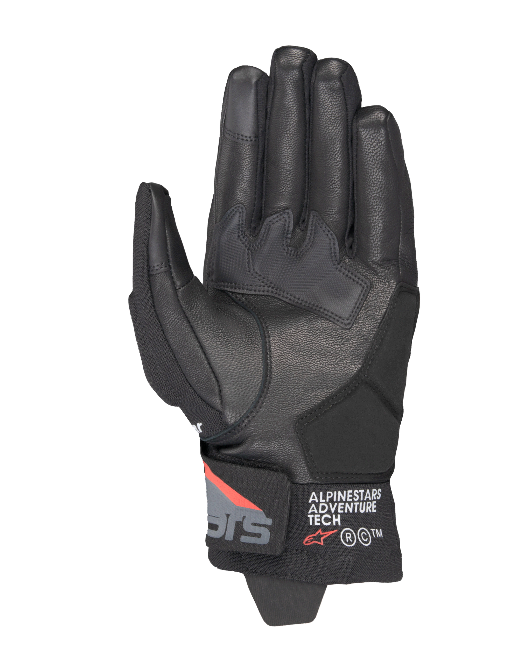 Alpinestars Corozal V3 Drystar® Gloves, Black Deep Gray Red Fluo, palm view featuring leather construction, synthetic palm reinforcements, and short cuff with Alpinestars Adventure Tech branding