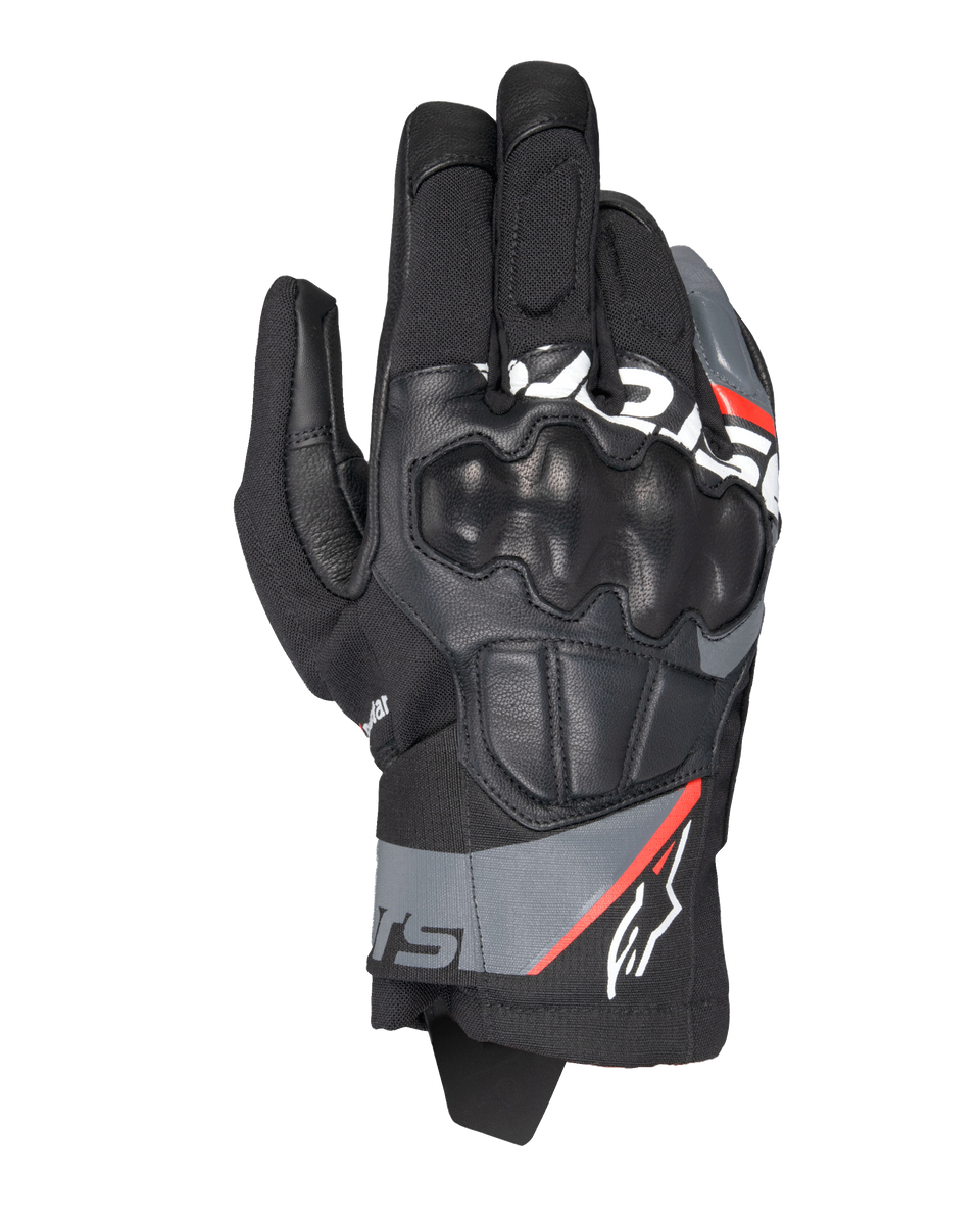 Alpinestars Corozal V3 Drystar® Gloves, Adventure Motorcycle Gloves, Black with Deep Gray and Red Fluo accents, top-down view featuring leather-covered SP knuckle protection, textile and leather chassis, and short cuff design, waterproof adventure riding gear