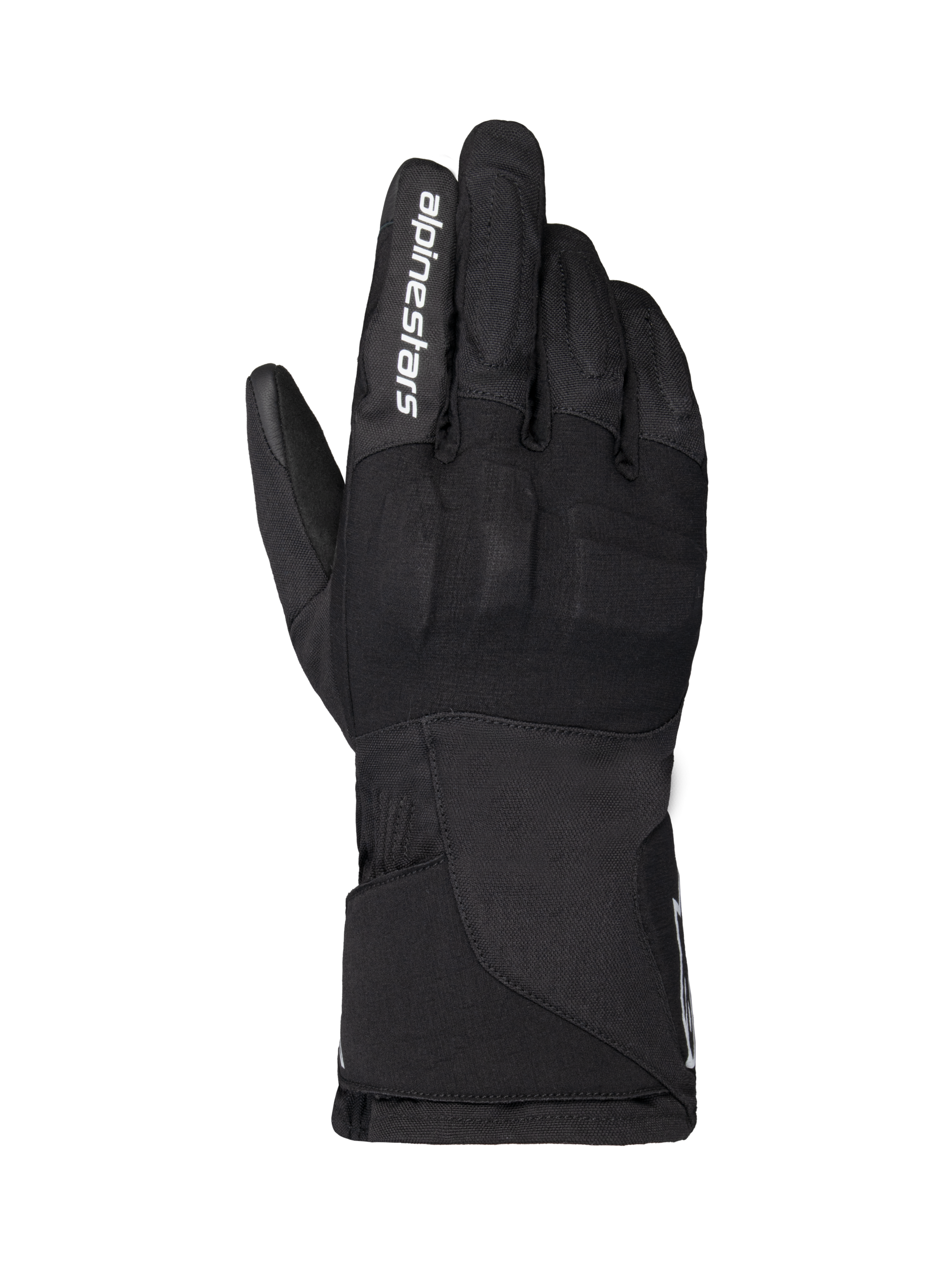 Alpinestars WT-1 Drystar Insulated Gloves, Motorcycle Gloves, Black, textile construction with integrated knuckle protection, white Alpinestars branding on the index finger, long gauntlet cuff, waterproof and thermal riding gear for road and adventure use