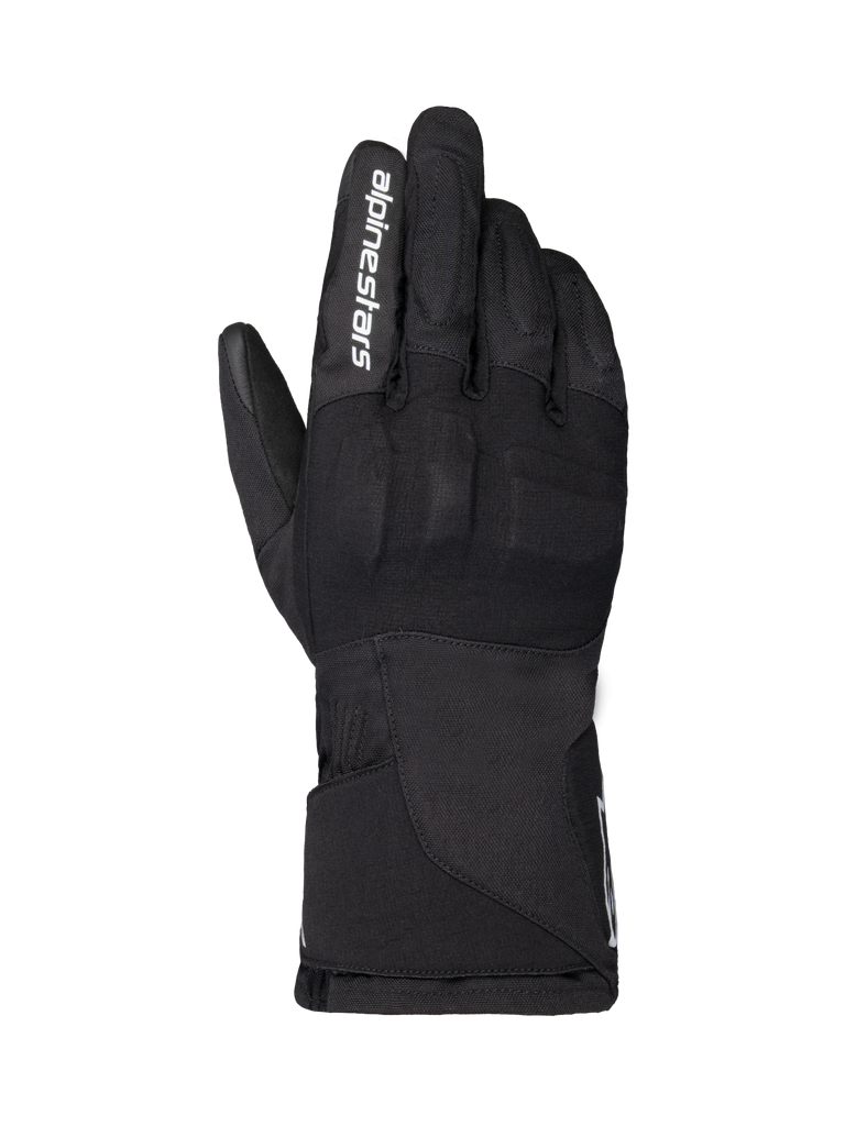 Alpinestars WT-1 Drystar Insulated Gloves, Motorcycle Gloves, Black, textile construction with integrated knuckle protection, white Alpinestars branding on the index finger, long gauntlet cuff, waterproof and thermal riding gear for road and adventure use