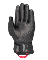 Alpinestars Crestone GORE-TEX Insulated Gloves, Motorcycle Gloves, Black, palm view featuring leather construction with reinforced impact padding, short cuff with Alpinestars Adventure Tech logo, and a bright red webbing pull loop