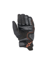 Alpinestars Smx-1 Drystar® Gloves in Black and Red Fluo, waterproof motorcycle sport gloves featuring a reinforced leather palm and padded landing zones for road racing.