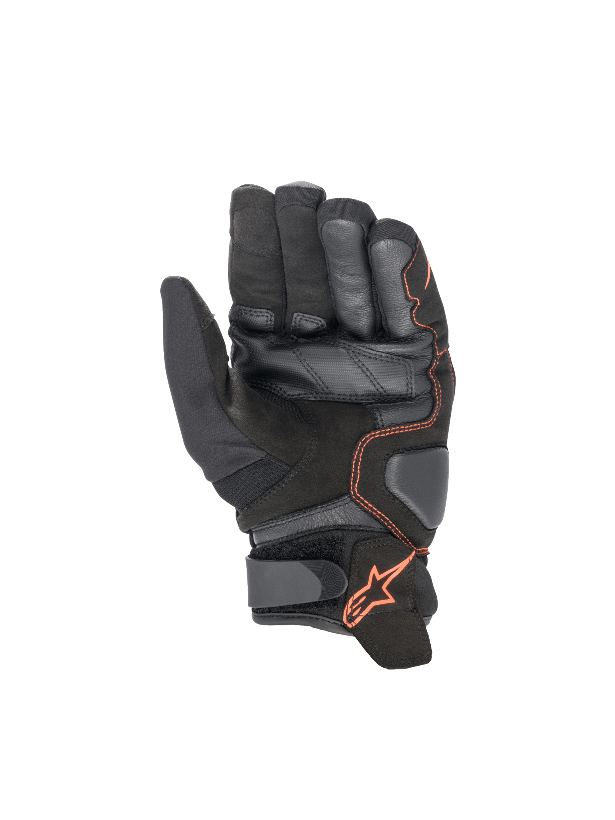 Alpinestars Smx-1 Drystar® Gloves in Black and Red Fluo, waterproof motorcycle sport gloves featuring a reinforced leather palm and padded landing zones for road racing.