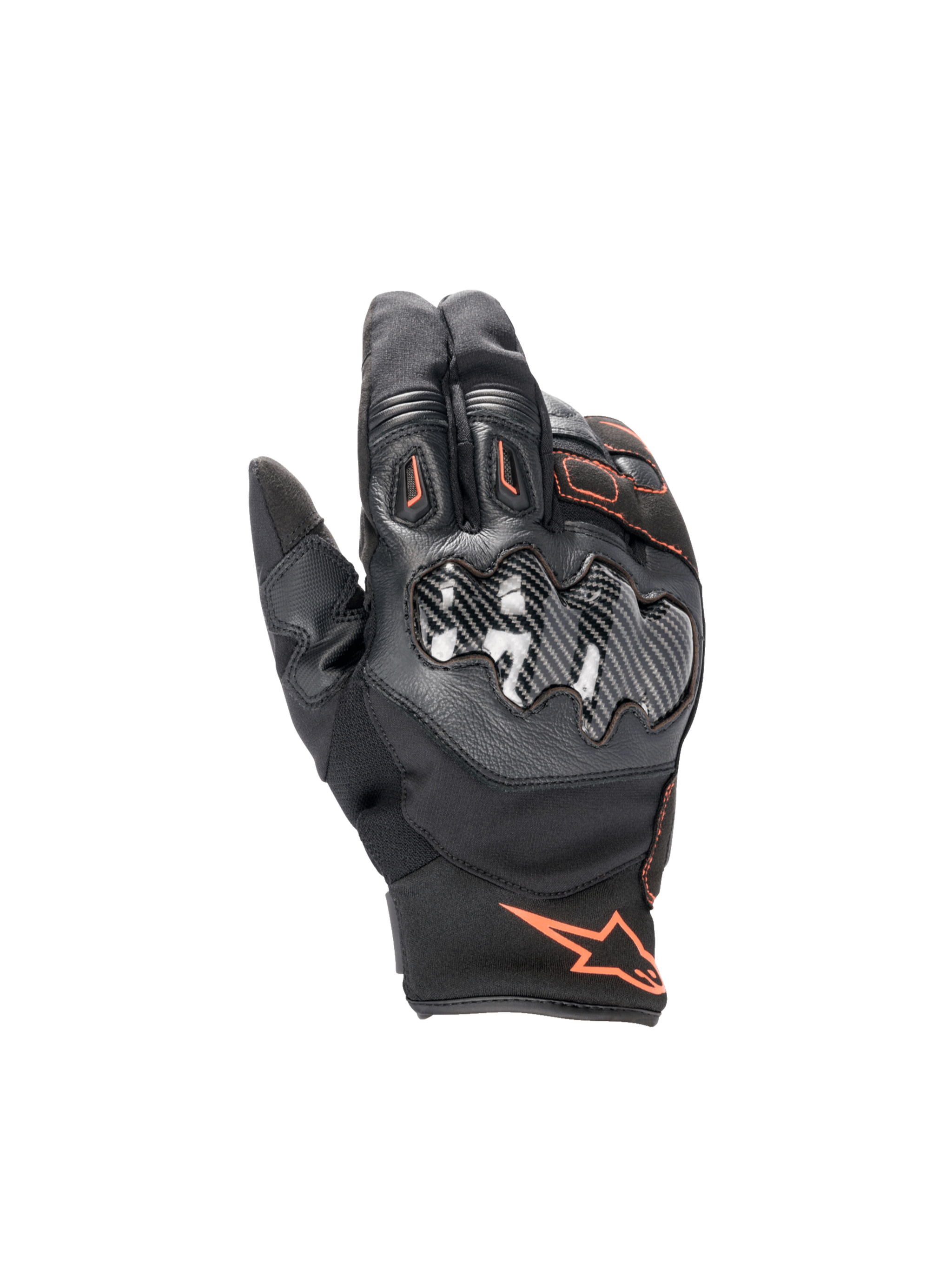 Alpinestars Smx-1 Drystar® Gloves, waterproof motorcycle road gloves, black and red fluo, featuring carbon knuckle guards.