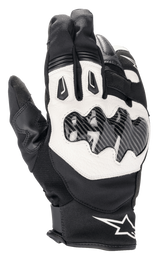 Alpinestars SMX-1 Drystar® Gloves, Short Cuff Motorcycle Riding Gloves, Black and White, featuring carbon fiber effect knuckle protection, white leather backhand panel, waterproof and breathable Drystar® construction, Alpinestars logo on the wrist