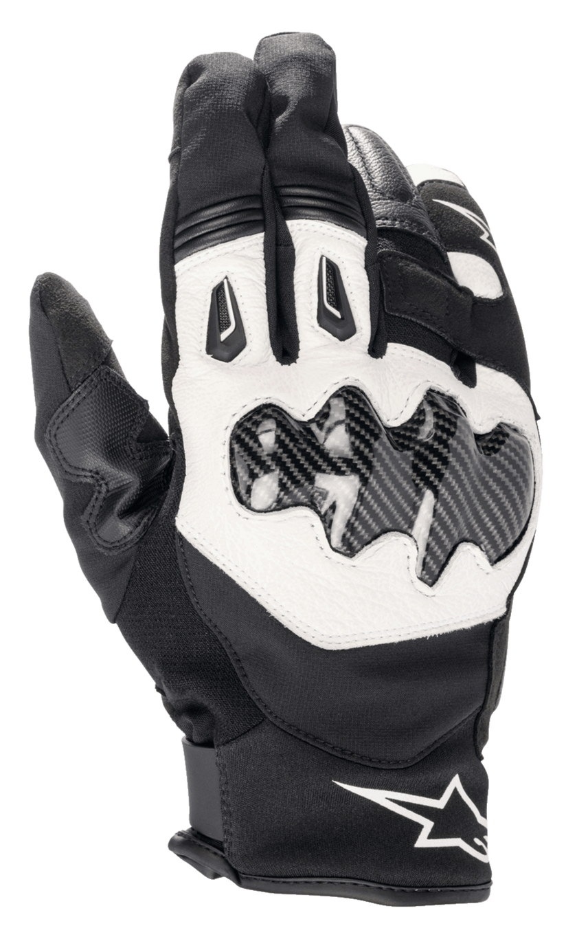 Alpinestars SMX-1 Drystar® Gloves, Short Cuff Motorcycle Riding Gloves, Black and White, featuring carbon fiber effect knuckle protection, white leather backhand panel, waterproof and breathable Drystar® construction, Alpinestars logo on the wrist