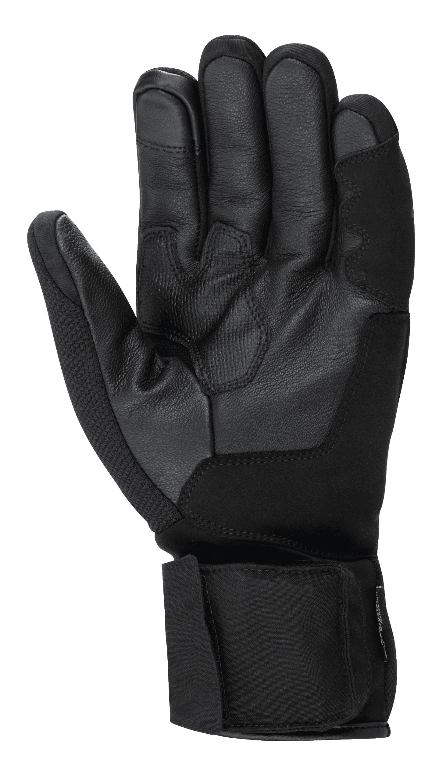 Alpinestars HT-3 Heat Tech Drystar® Gloves, Black motorcycle gloves, palm view showing goat leather construction, textured grip on palm and thumb, adjustable cuff strap, touchscreen compatible index finger, winter touring gear