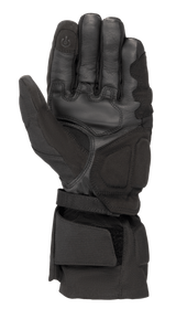 Alpinestars WR-X GORE-TEX Gloves, Black motorcycle winter gloves, palm side view showing leather and synthetic suede construction, long cuff with adjustable strap, and conductive touchscreen-compatible fingertip.