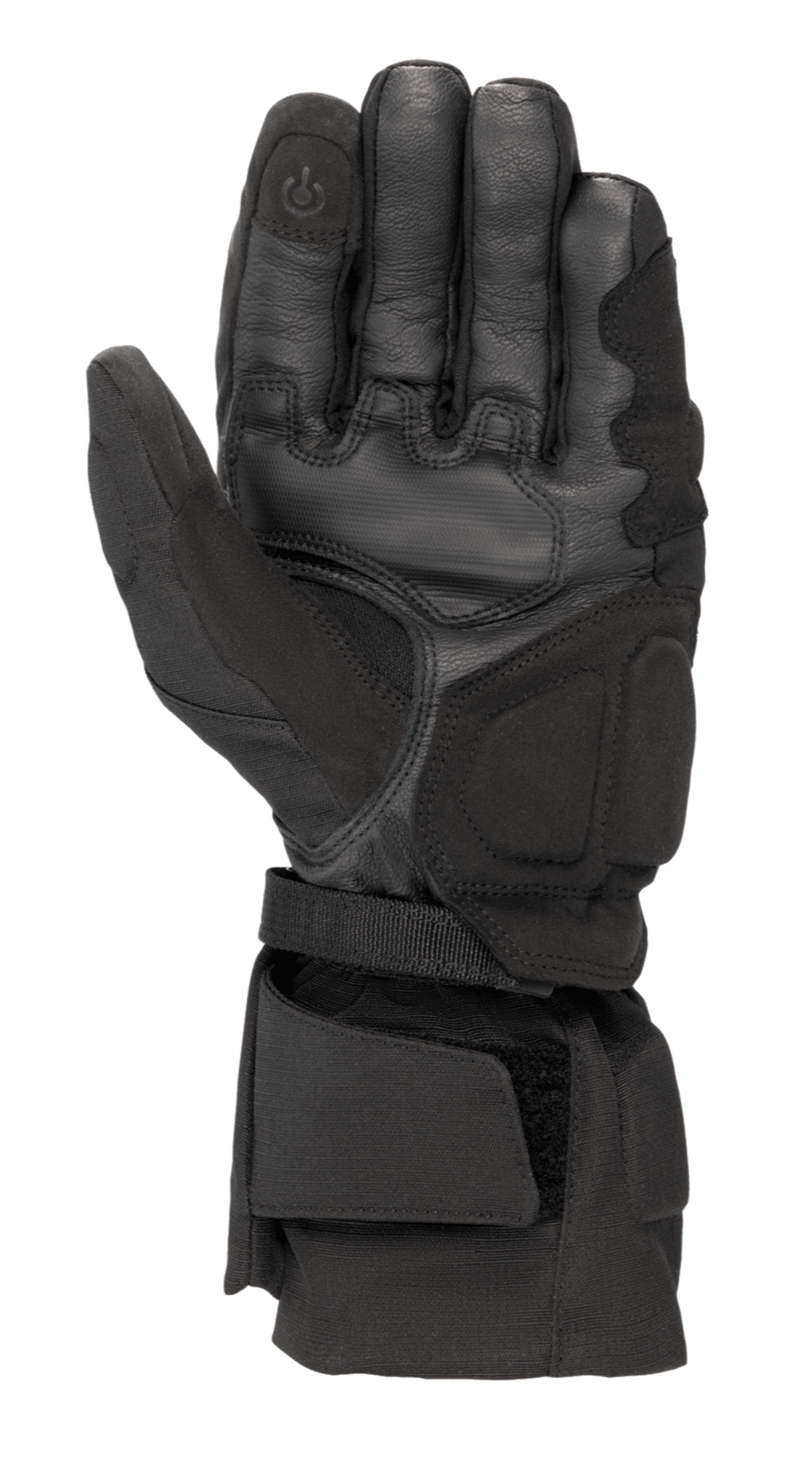 Alpinestars WR-X GORE-TEX Gloves, Black motorcycle winter gloves, palm side view showing leather and synthetic suede construction, long cuff with adjustable strap, and conductive touchscreen-compatible fingertip.