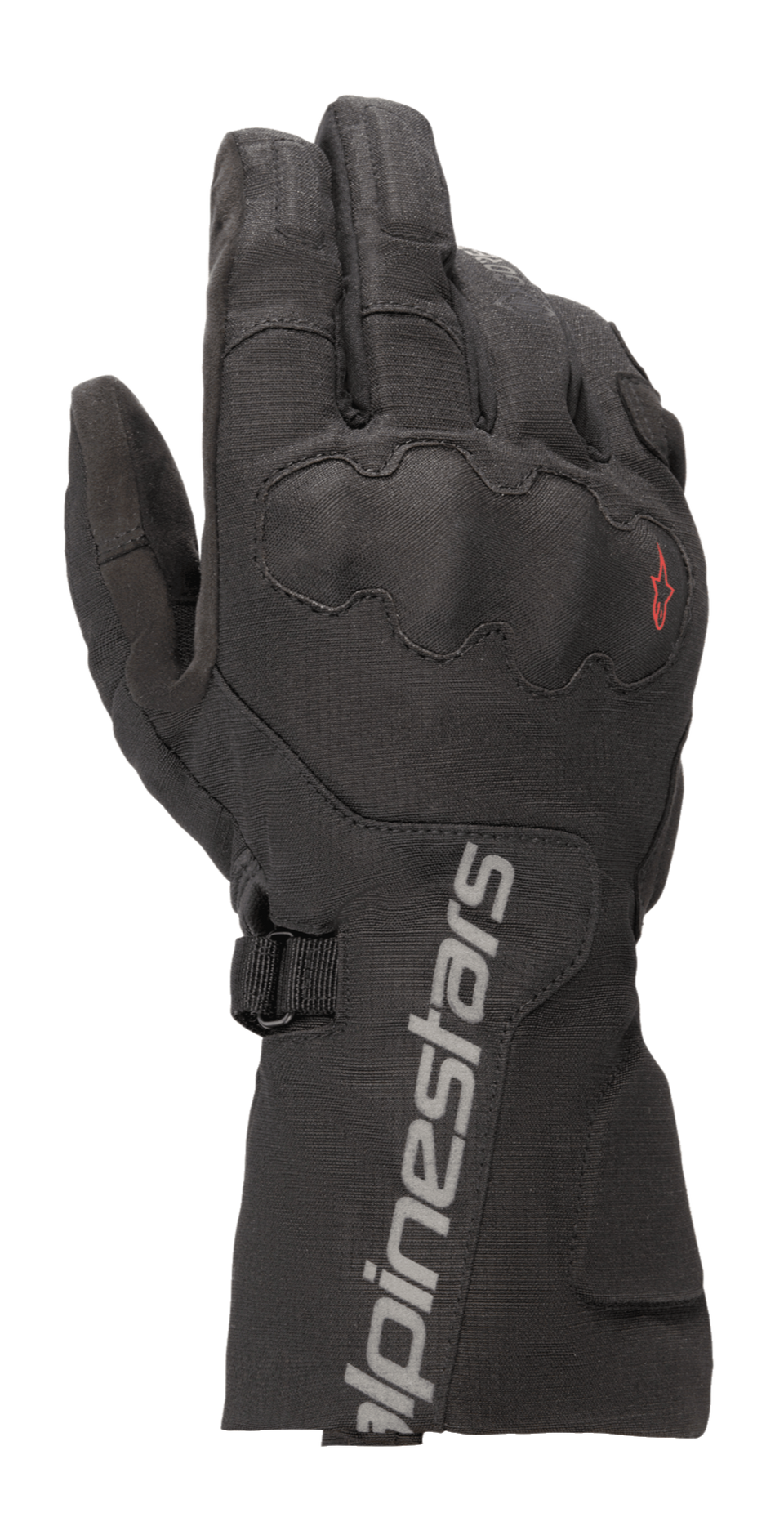 Alpinestars WR-X GORE-TEX Gloves, Motorcycle Touring Gloves, Black, featuring a long cuff with grey Alpinestars branding, covered SP Lite knuckle protection, and a durable ripstop textile construction.