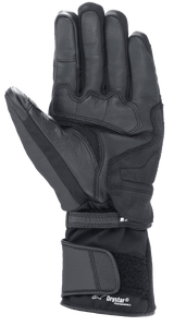 Alpinestars Denali Aerogel Drystar® Gloves, Black, palm view featuring reinforced material panels, textured grip on fingers, and adjustable long cuff with Drystar® Performance branding, winter motorcycle gear for adventure touring
