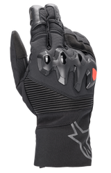Alpinestars Bogota Drystar XF Gloves, full-length motorcycle touring gloves, black with a red logo accent, featuring over-injected knuckle protection, ribbed stretch wrist panels, and a long cuff with a grey star logo.