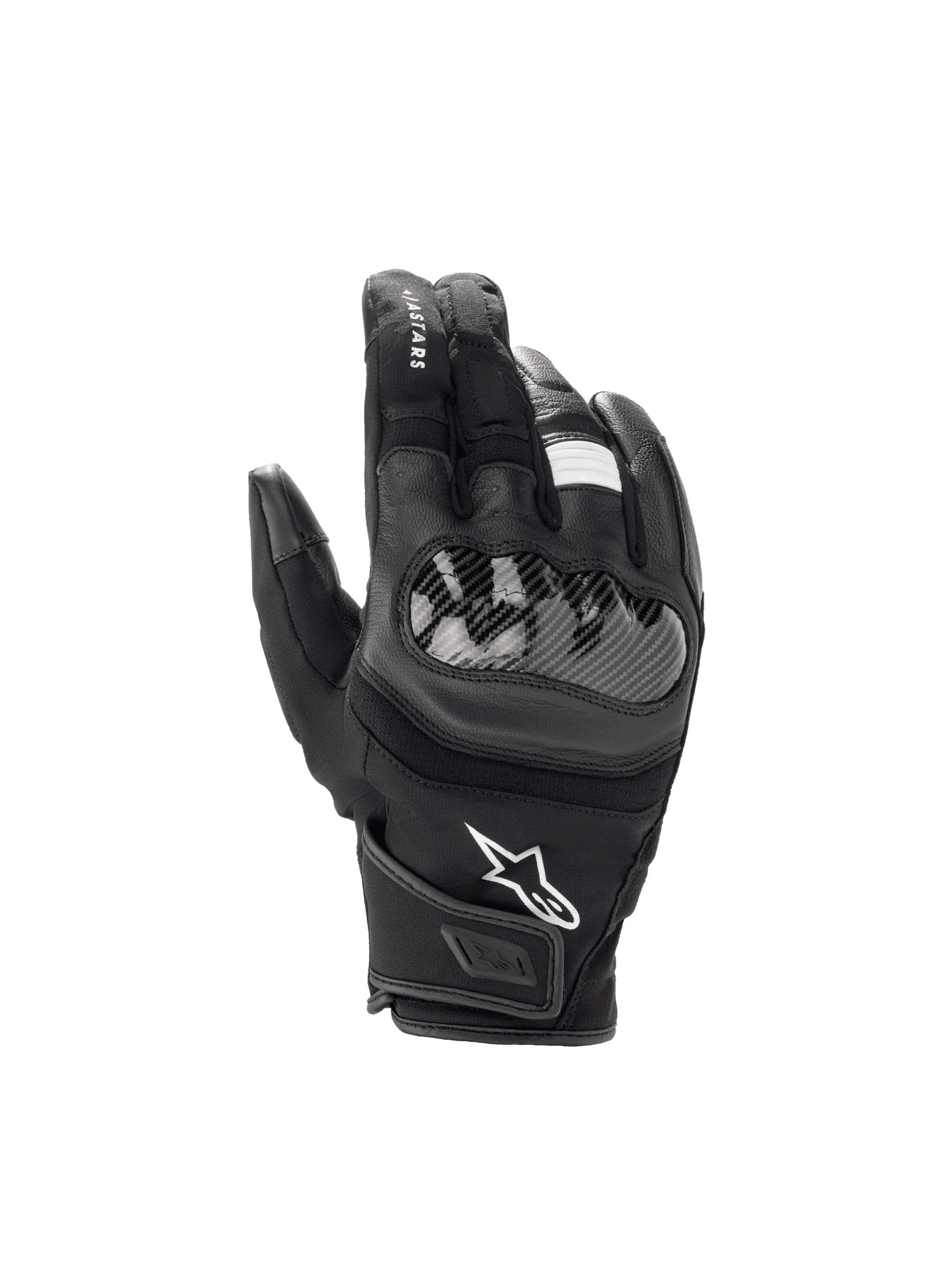 Alpinestars SMX Z Drystar Gloves, waterproof black leather motorcycle gloves with a hard knuckle protector and short cuff.