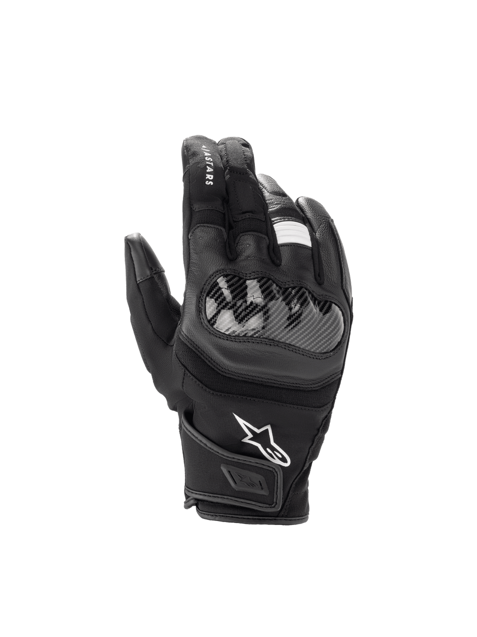 Alpinestars SMX Z Drystar Gloves, waterproof black leather motorcycle gloves with a hard knuckle protector and short cuff.