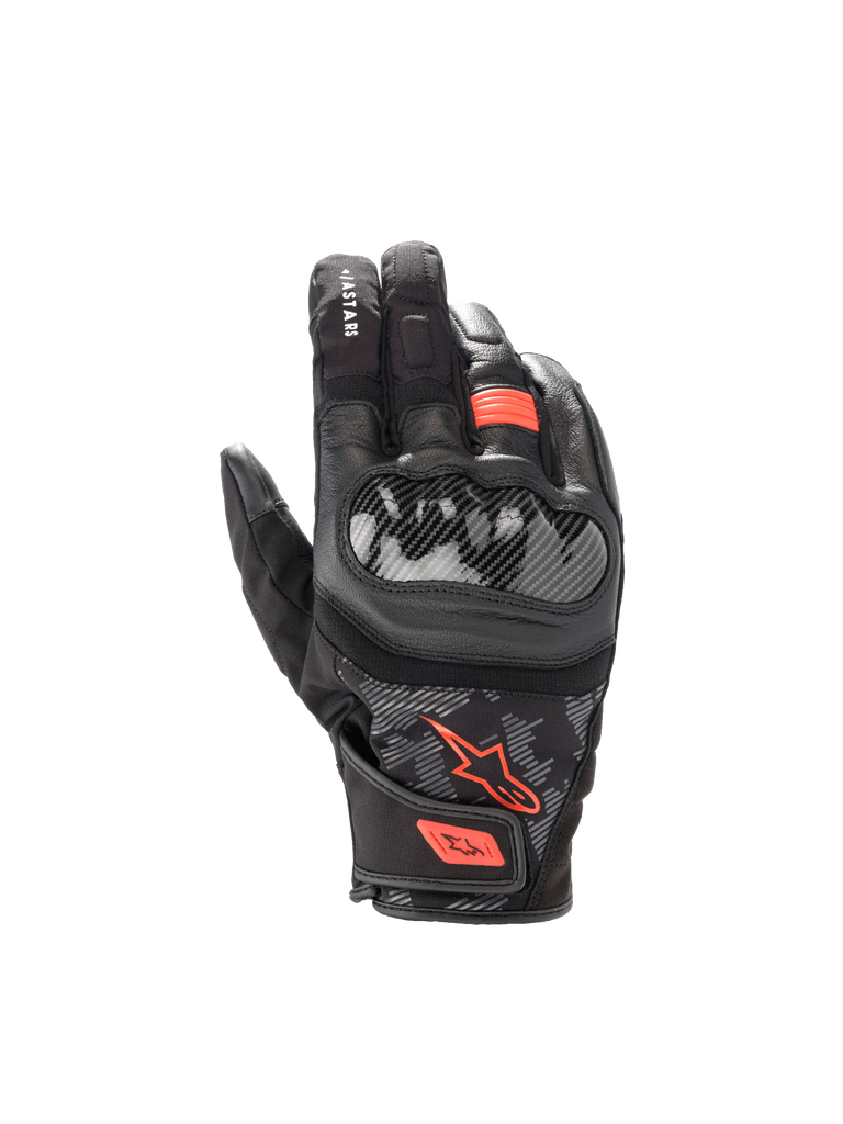Alpinestars SMX Z Drystar® Gloves, waterproof goat leather motorcycle gloves in Black and Red Fluo with hard knuckle guards.