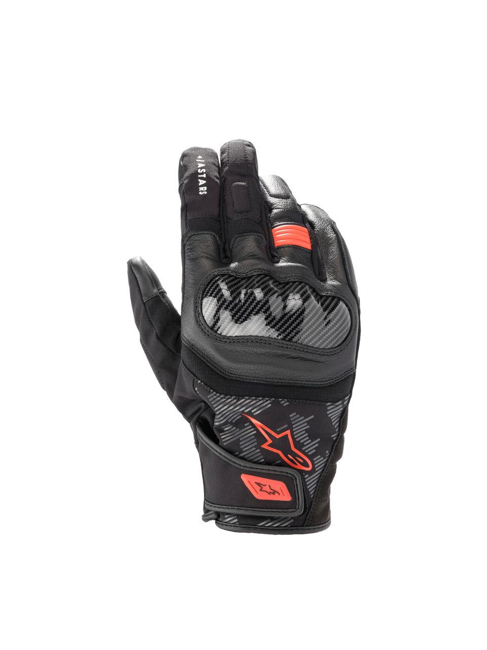 Alpinestars SMX Z Drystar® Gloves, waterproof goat leather motorcycle gloves in Black and Red Fluo with hard knuckle guards.