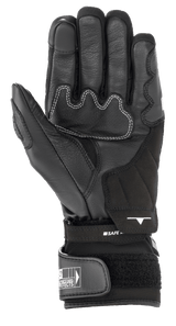Alpinestars SP-365 Drystar® Gloves, Black motorcycle glove palm view, featuring reinforced leather construction with white contrast stitching, adjustable hook-and-loop cuff closure, and Alpinestars branding, performance all-weather riding gear