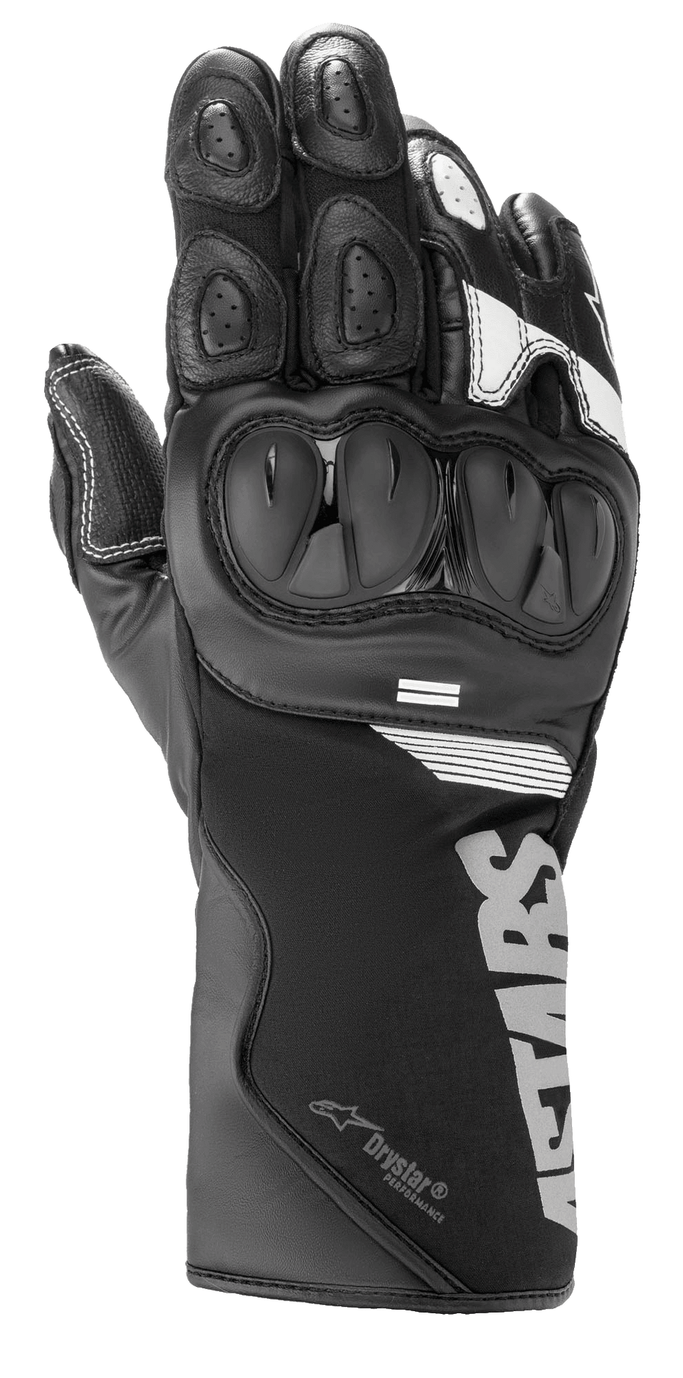 Alpinestars SP-365 Drystar® Gloves, Motorcycle Sport-Road Gloves, Black with White and Silver Accents, hard knuckle protection, long cuff with Drystar logo, leather and softshell construction
