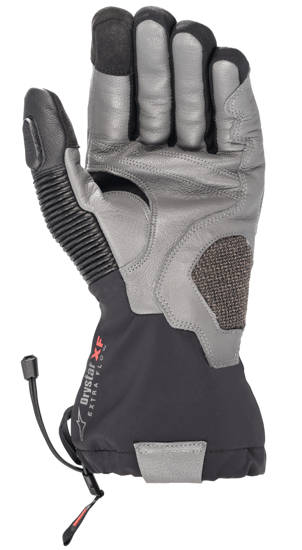 Alpinestars Amt-10 Drystar® XF Winter Gloves, Motorcycle Touring Gloves, Black and Dark Gray, palm view featuring textured goat leather, long waterproof cuff with Drystar XF logo, accordion leather thumb panel, and reinforced palm for adventure and road riding.