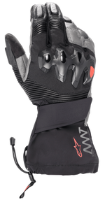 Alpinestars Amt-10 Drystar® XF Winter Gloves, Black and Dark Gray, Long Cuff Motorcycle Winter Gloves, featuring over-injected hard knuckle protection, accordion stretch panels on fingers, AMT branding with a red star logo, and a drawstring cuff closure