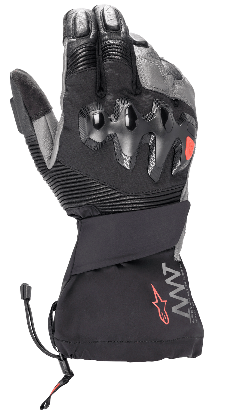 Alpinestars Amt-10 Drystar® XF Winter Gloves, Black and Dark Gray, Long Cuff Motorcycle Winter Gloves, featuring over-injected hard knuckle protection, accordion stretch panels on fingers, AMT branding with a red star logo, and a drawstring cuff closure