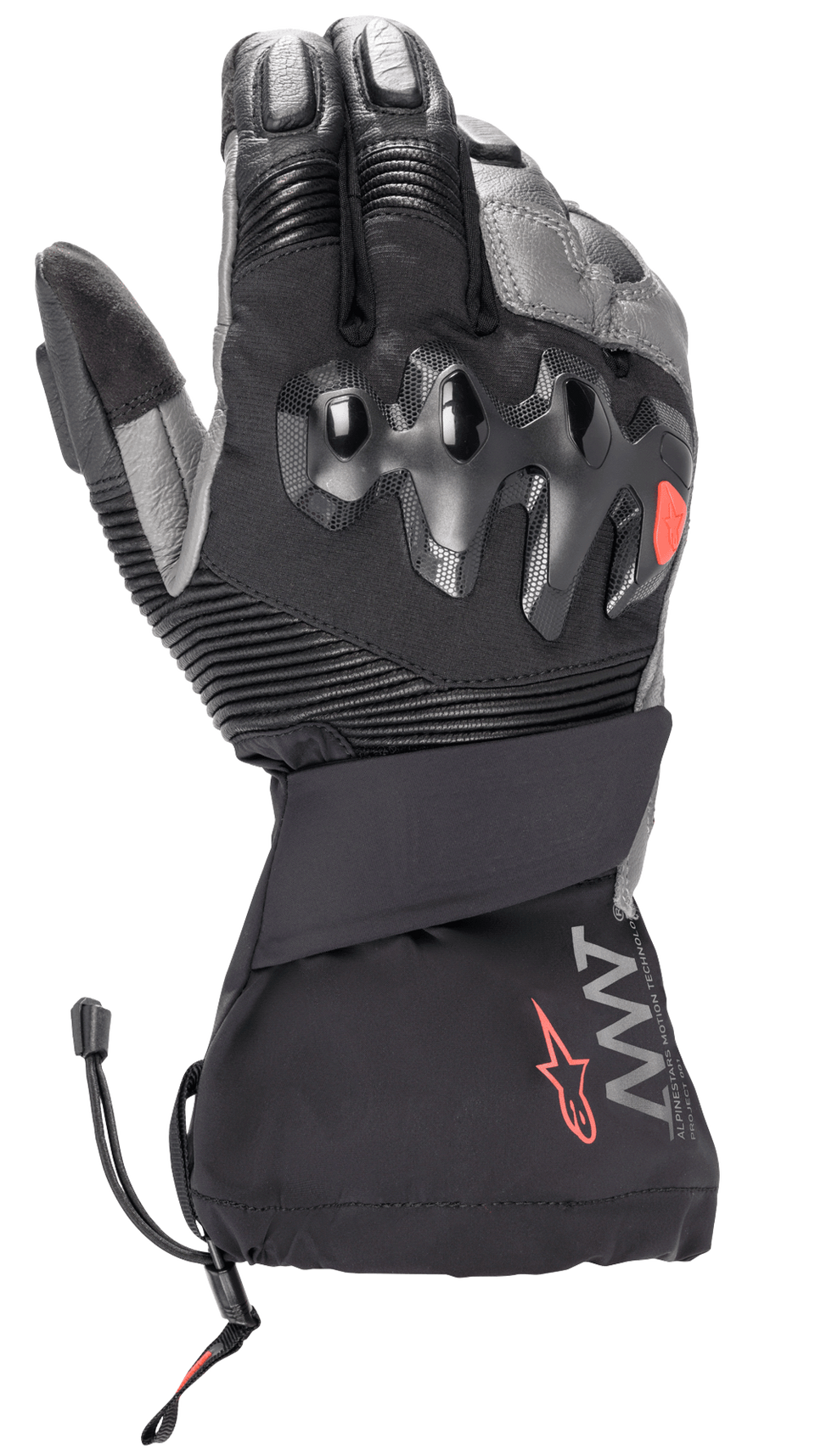 Alpinestars Amt-10 Drystar® XF Winter Gloves, Black and Dark Gray, Long Cuff Motorcycle Winter Gloves, featuring over-injected hard knuckle protection, accordion stretch panels on fingers, AMT branding with a red star logo, and a drawstring cuff closure
