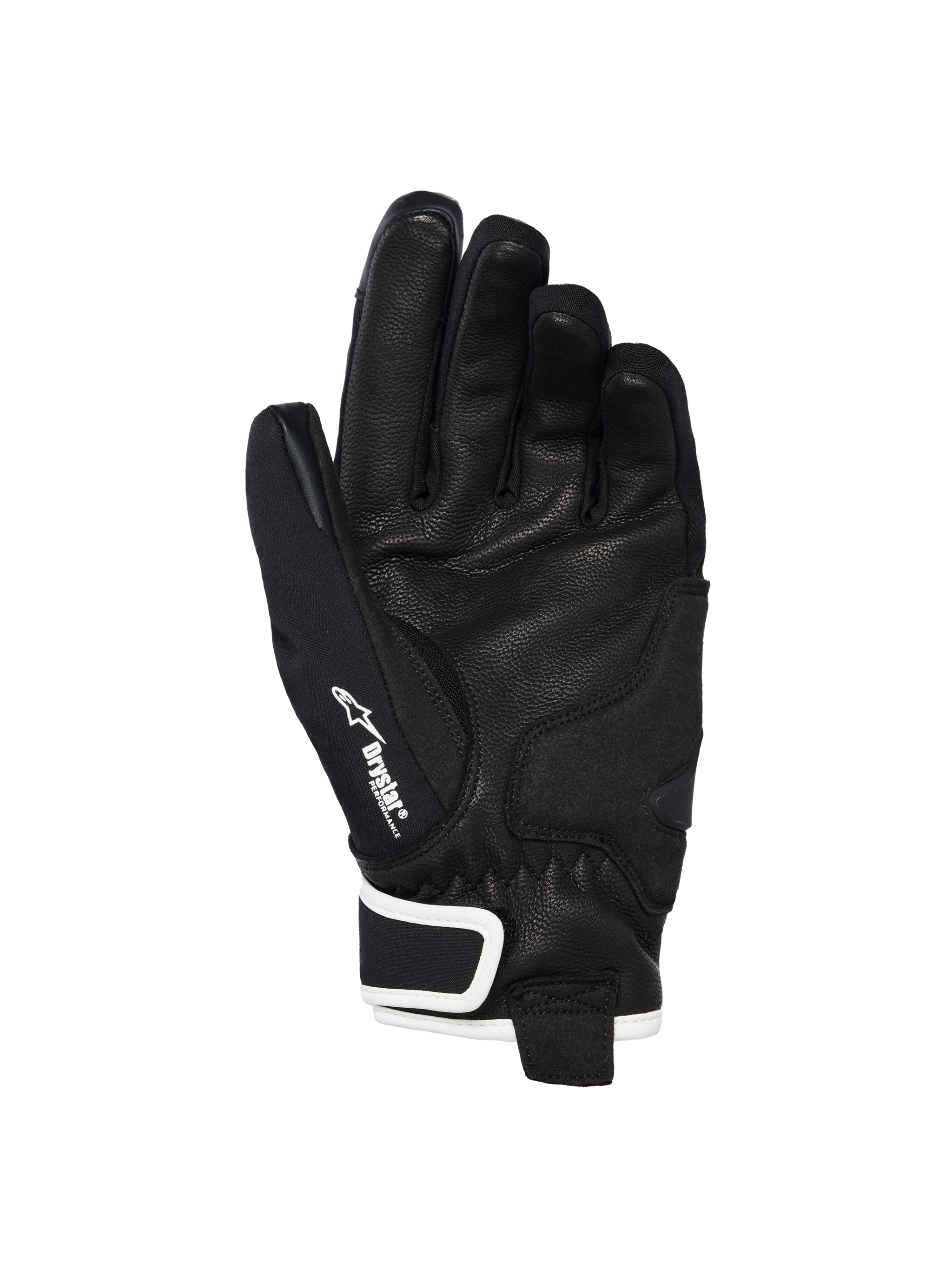 Alpinestars Stella Moblast Waterproof Gloves, palm view, Black with White accents, featuring goat leather palm, Alpinestars logo and Drystar branding on the thumb, short-cuff motorcycle gloves for women