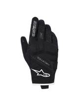 Alpinestars Stella Moblast Waterproof Gloves, Women's Motorcycle Gloves, Black with white trim, backhand view showing Alpinestars logo, MO.ST.EQ branding, and soft knuckle protection.