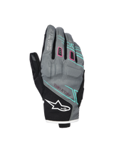 Alpinestars Stella Moblast Waterproof Gloves, Women's Motorcycle Gloves, Fur Gray and Black with Pink and Turquoise Accents, short-cuff design featuring MO.ST.EQ. branding, textile construction with protective knuckle padding and white Alpinestars logo
