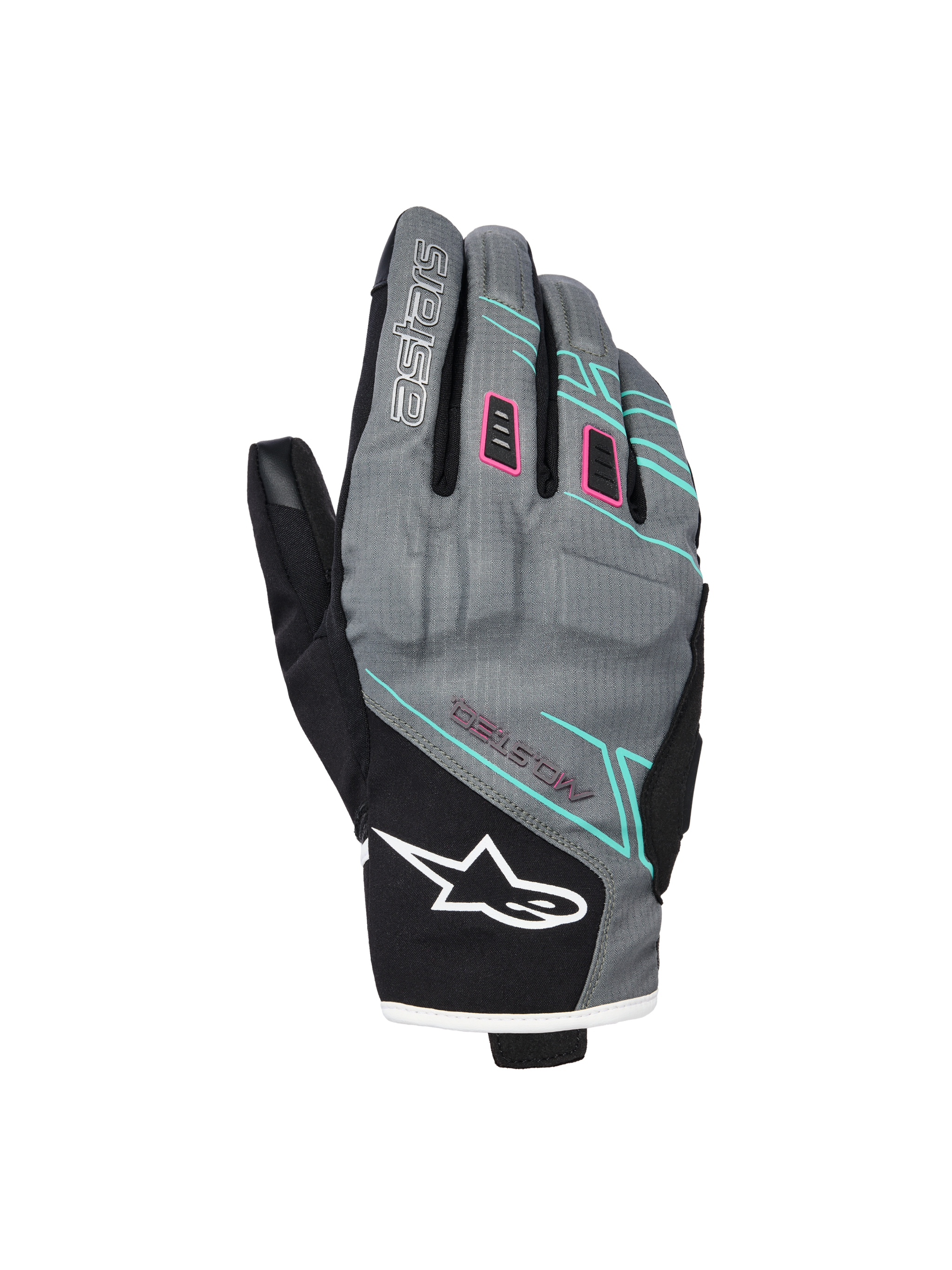 Alpinestars Stella Moblast Waterproof Gloves, Women's Motorcycle Gloves, Fur Gray and Black with Pink and Turquoise Accents, short-cuff design featuring MO.ST.EQ. branding, textile construction with protective knuckle padding and white Alpinestars logo